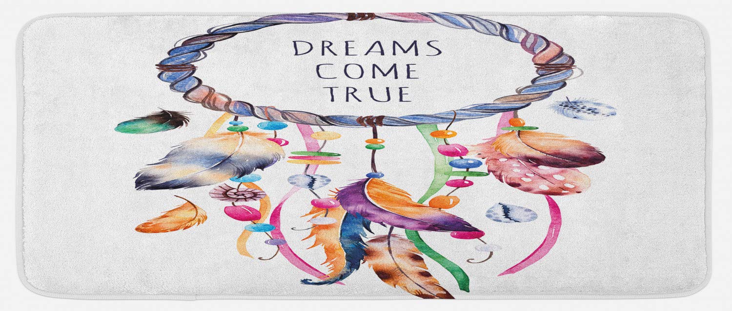 Ambesonne Bohemian Style Feather Kitchen Mat with Dream Catcher Design - Non-Slip Plush Decorative Rug for Kitchen Floor, 47