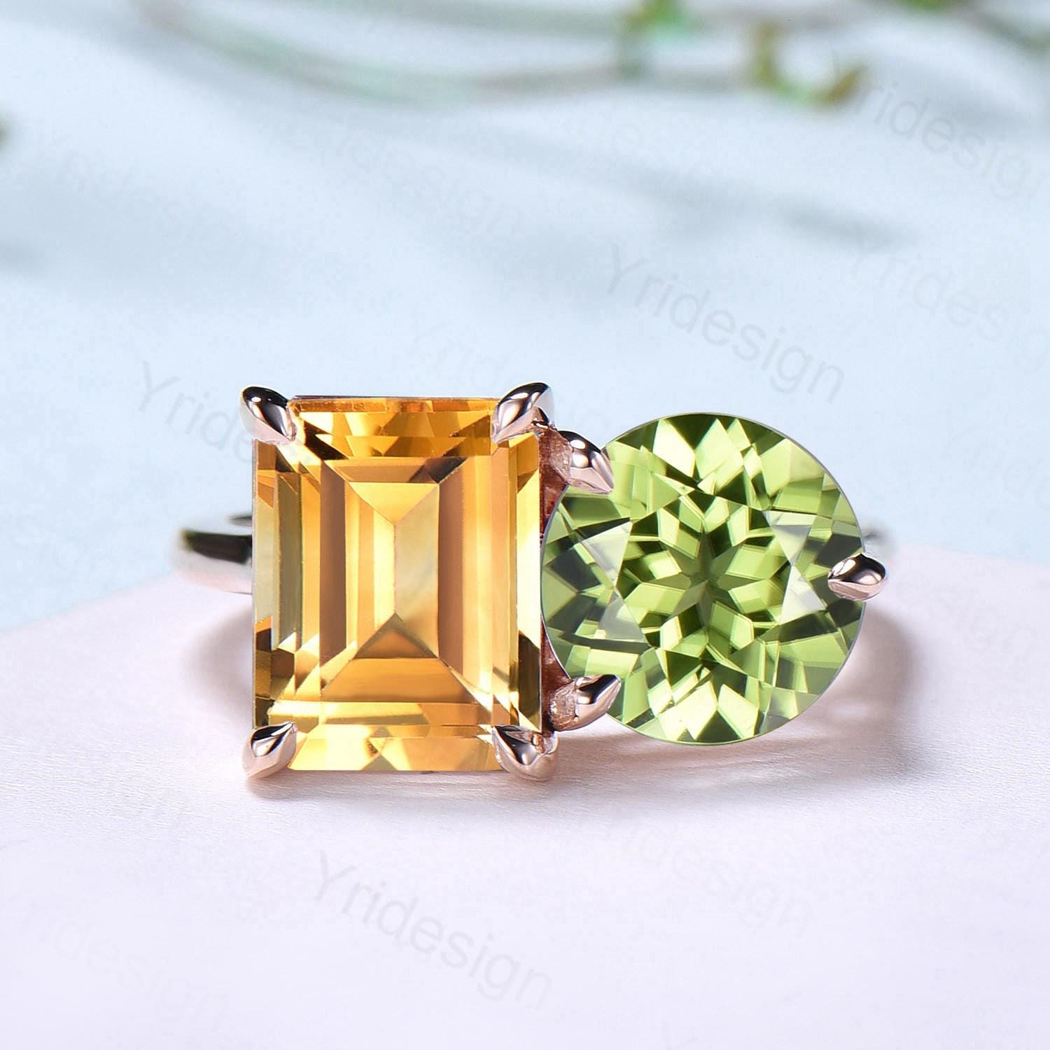 Minimalist Two Stone Engagement Ring 14K Rose Gold - Emerald Cut Citrine & Round Peridot Wedding Band - Anniversary Bridal Jewelry Gift for Her - Perfect for Proposals, Weddings & Romantic Occasions