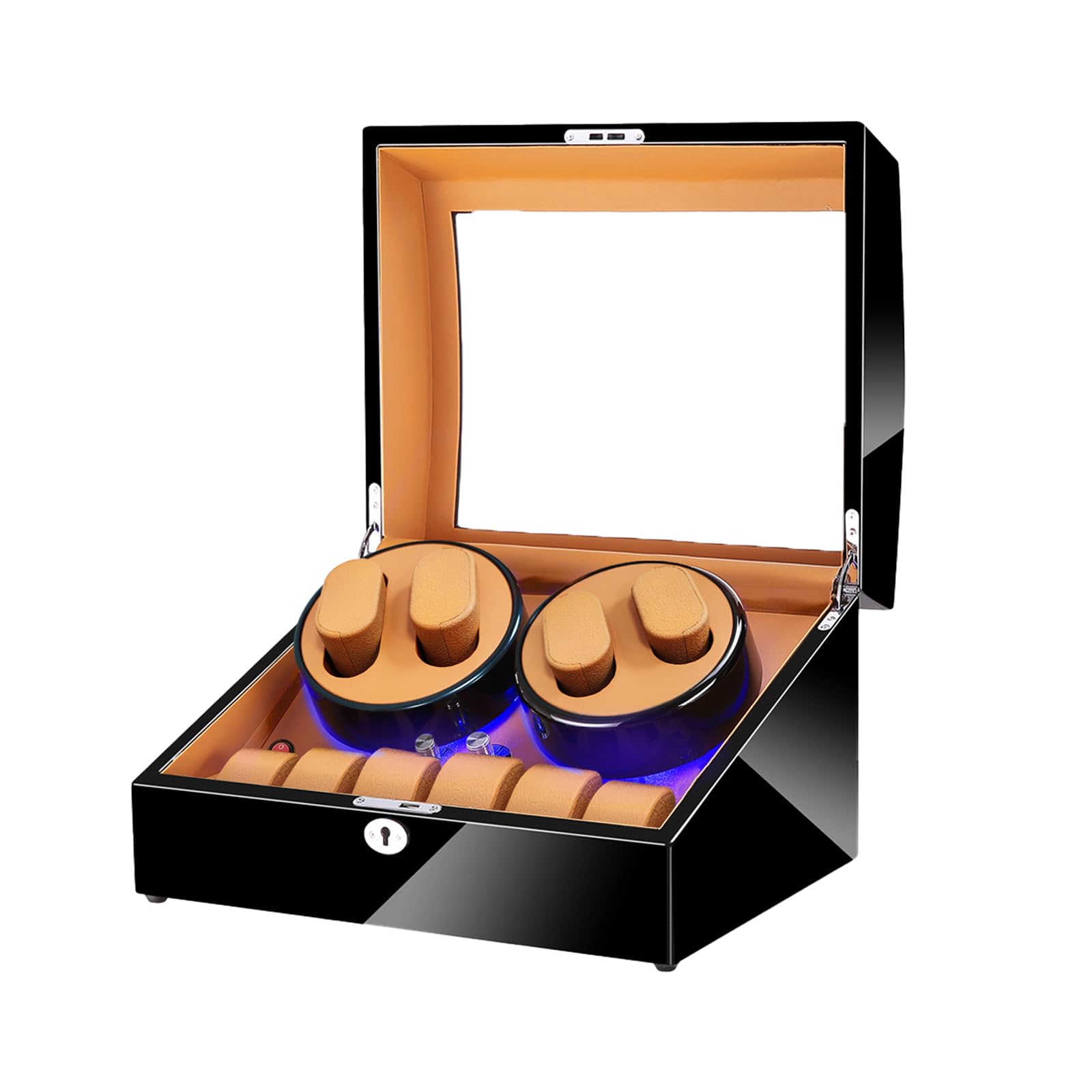 4+6 Slots Automatic Watch Winder with Silent Motor - Luxury Piano Paint Display Box | Open Lid Stop Tech & Built-in LED Lighting | USB/Battery Powered (2*D) | Perfect Watch Storage for Men & Women | Ideal for Home, Office, or Travel Use