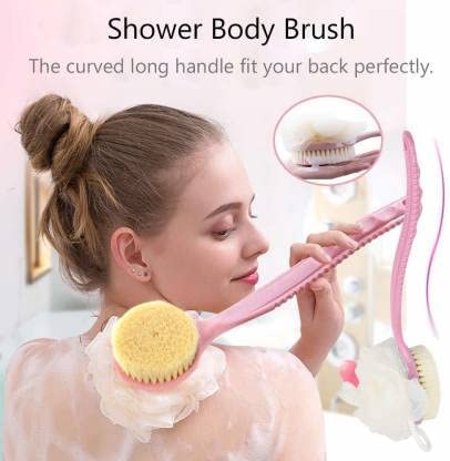 RRJ 2-in-1 Bath Brush with Soft & Firm Bristles + Loofah | Long Curved Handle Back Scrubber | Exfoliating Shower Body Brush for Wet/Dry Use | Men & Women Skin Care | ABS Plastic (Multi-Color) | Perfect for Deep Cleansing, Back Exfoliation & Spa Relaxation