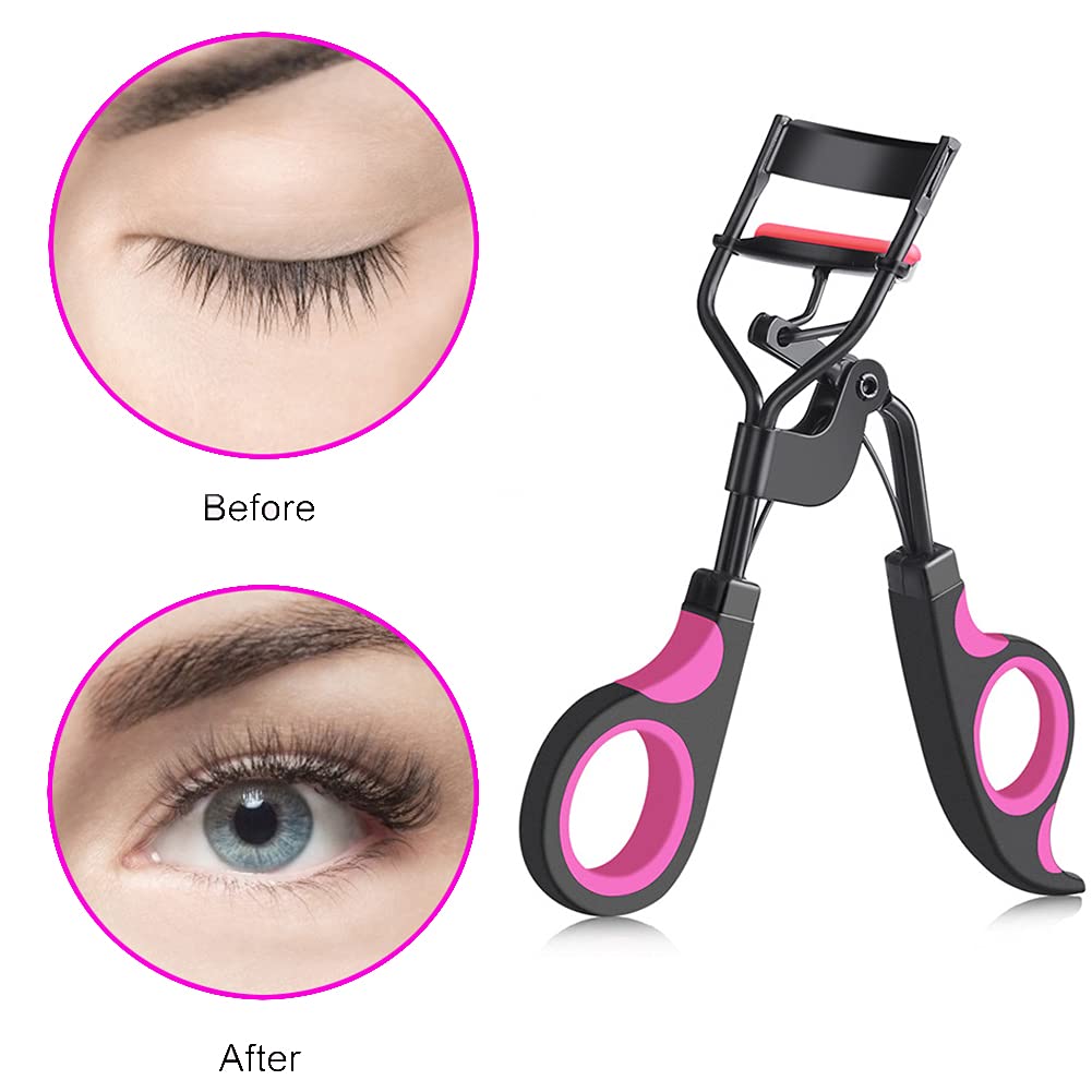 Black Handle Eyelash Curler with 5 Replacement Silicone Pads - Professional Lash Curling Tool for Makeup & Cosmetics - Perfect for Daily Use, Salon, Bridal & Party Makeup Looks