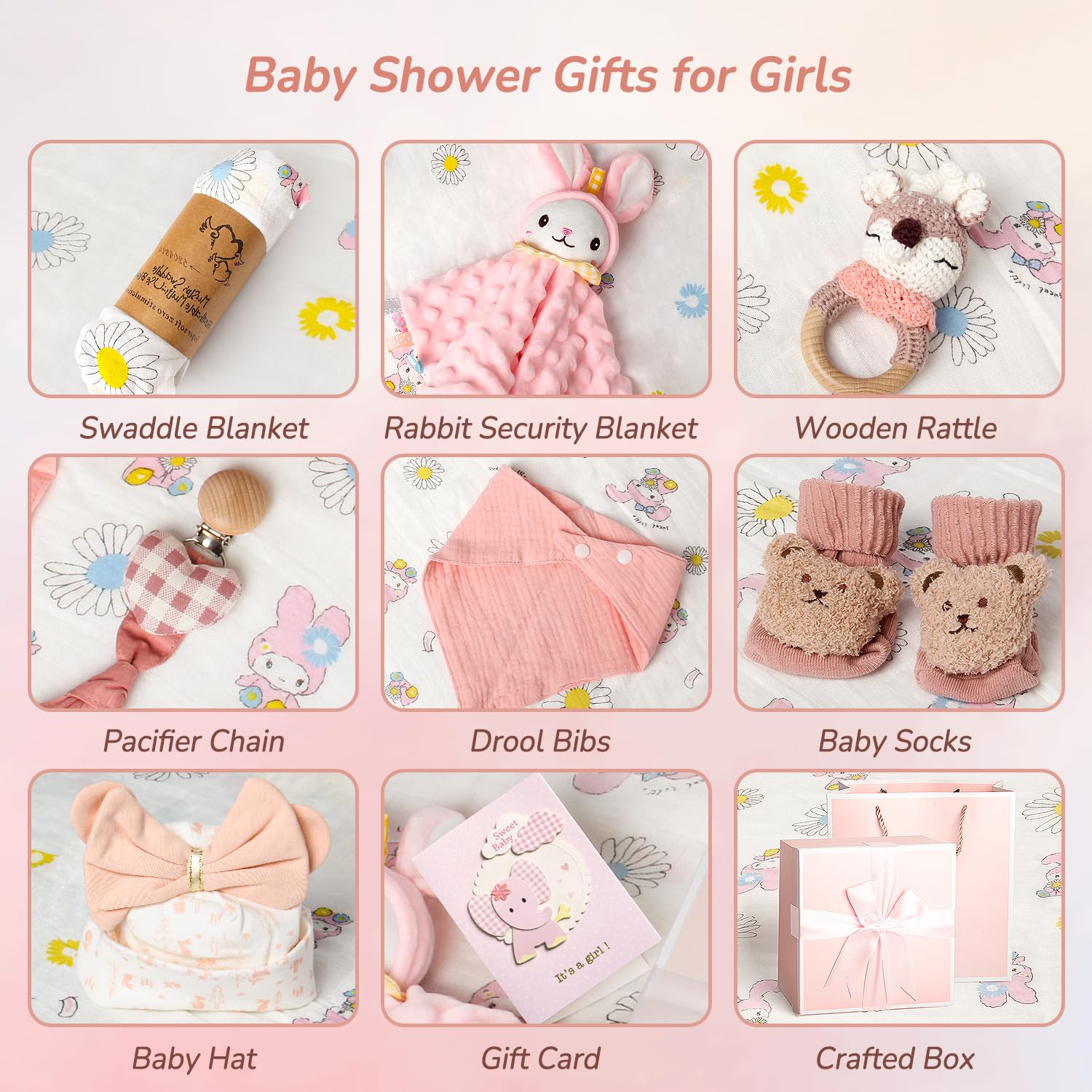 10-Piece Baby Girl Gift Set - Newborn Essentials with Rattle & Swaddle Blanket - Perfect for Baby Showers, Gender Reveal Parties & New Mom Gifts