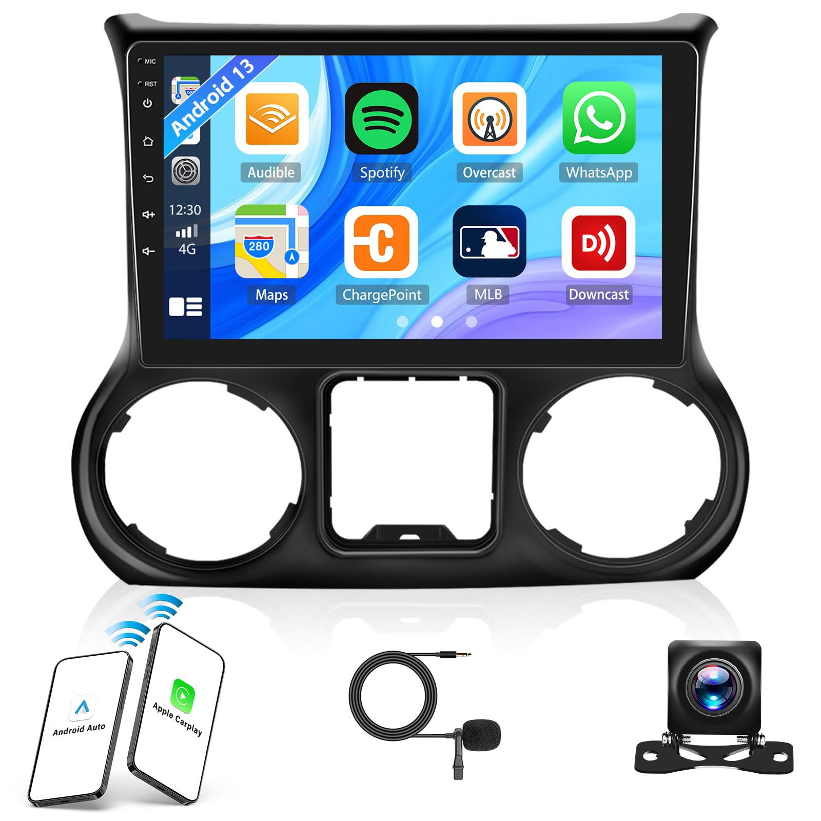 **10.1 Inch Android 13 Car Stereo for Jeep Wrangler 2011-2014 - Wireless Apple CarPlay & Android Auto, GPS Navigation, WiFi, Bluetooth, FM/RDS, Dual USB/AUX, Backup Camera, External Mic - Perfect for Off-Road Adventures & Daily Commutes**