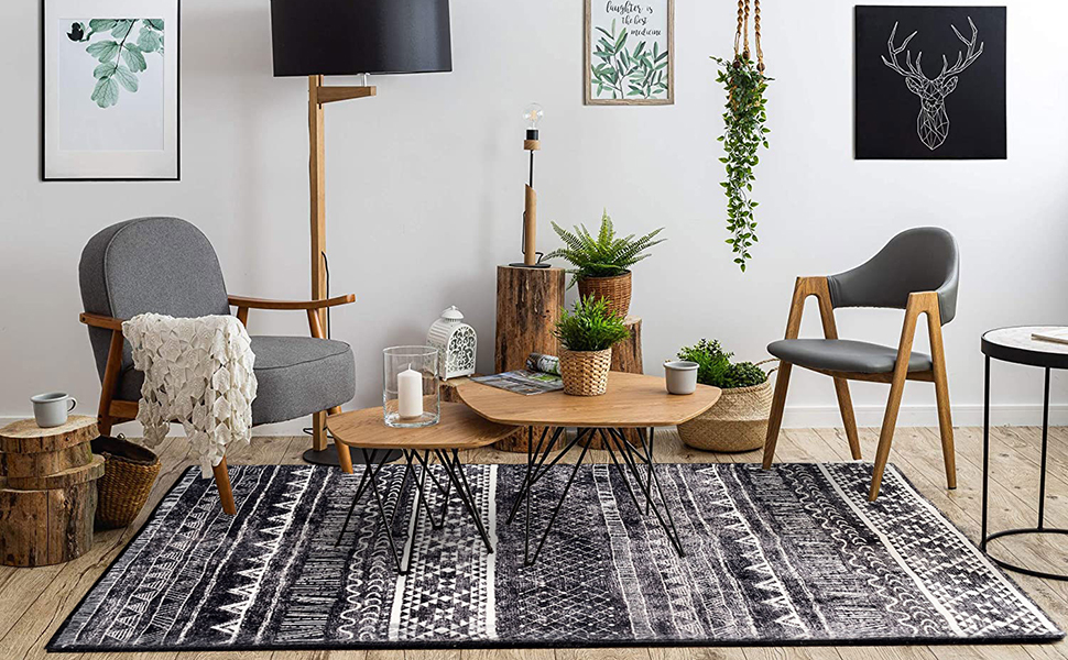 Modern Non-Slip Washable Area Rug - 6.7'x9.8' Neutral Black and White Indoor Carpet for Living Room, Bedroom & Dining Room - Soft Comfort for Home Decor & Family Gatherings