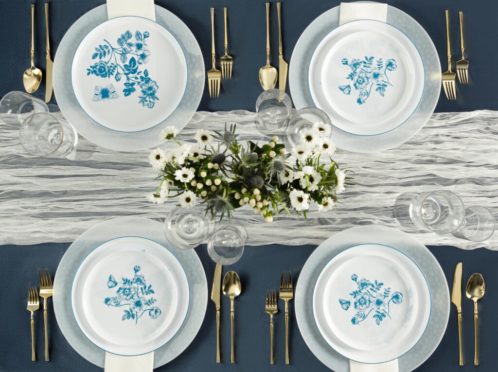 20-Piece White and Blue Round Plastic Dinnerware Set for 10 Guests - Elegant French Toile Design - Perfect for Outdoor Picnics, BBQs, and Party Gatherings
