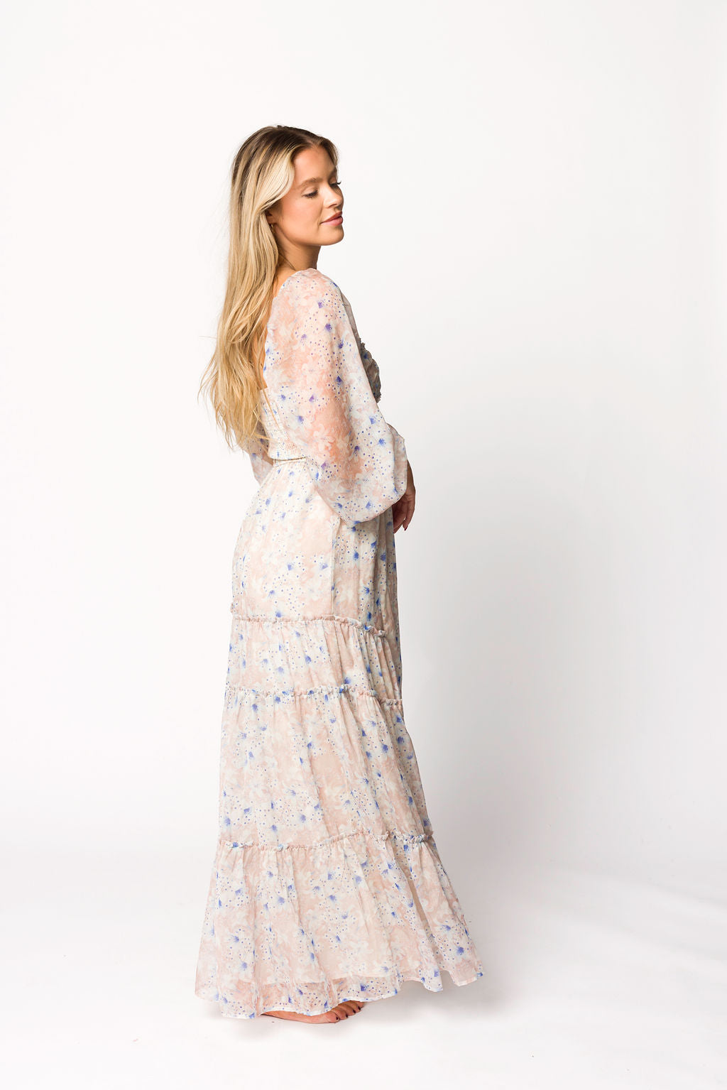 Bump Friendly Daphne Long Sleeve Maxi Dress - Floral Maternity Dress in Beige & Blue, Inclusive Sizing XS to 3XL | Perfect for Pregnancy, Nursing, and Special Occasions