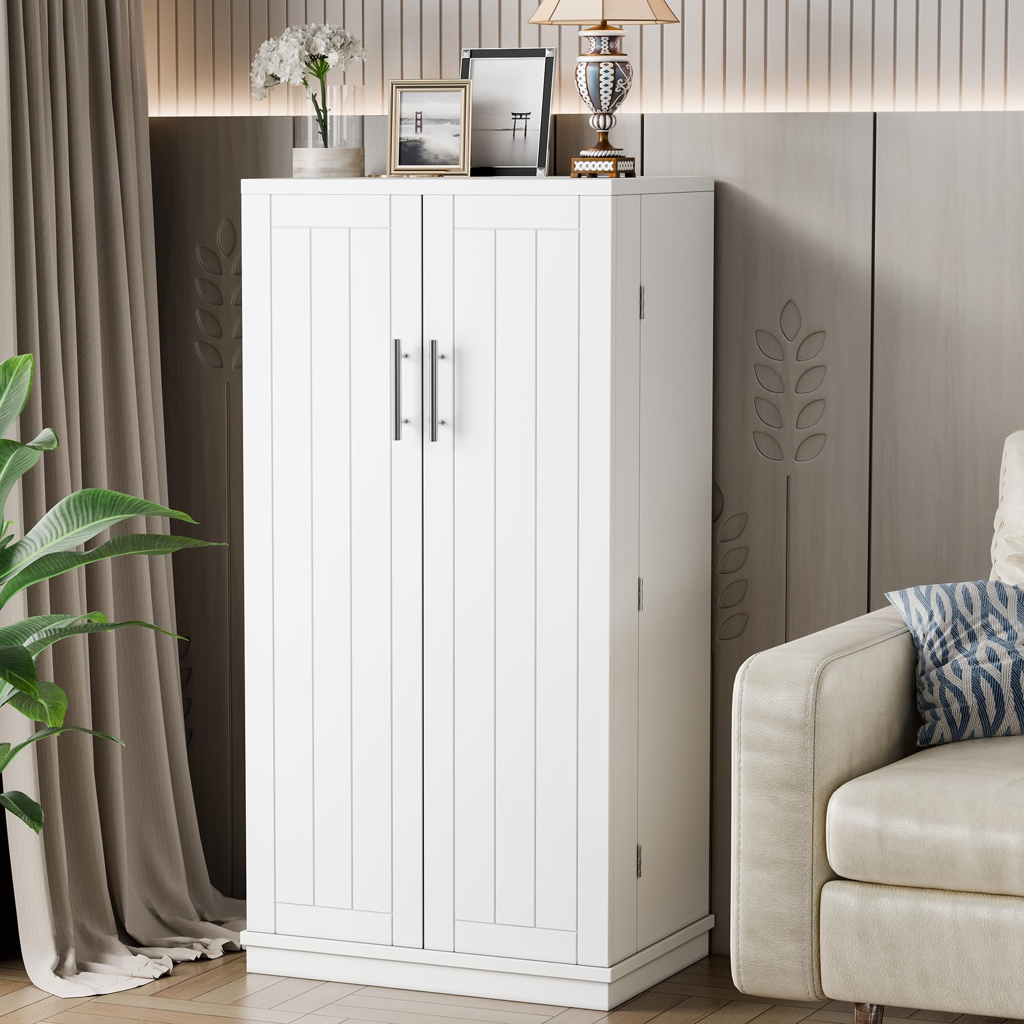 Shintenchi White Pantry Cabinet - Adjustable Shelves & Doors, Freestanding Kitchen Storage Cabinet, Buffet Sideboard for Dining Room or Living Room - Perfect for Organizing Dishes, Cookware & Kitchen Essentials