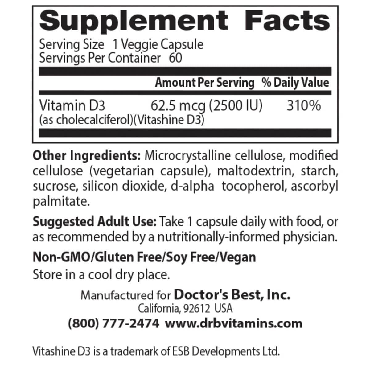 Doctor's Best Vegan Vitamin D3 2500 IU with Vitashine - 60 Plant-Based Capsules for Immune Support & Bone Health | Ideal for Vegans & Vegetarians