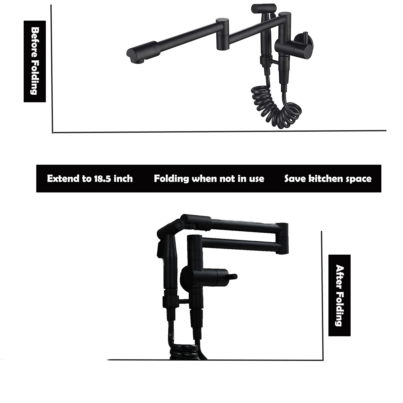 Biveah Brass Black Pot Filler Faucet - Retractable Wall Mount Kitchen Sink Faucet with Side Sprayer & Single Handle (Model KLB002B) - Perfect for Commercial Kitchens & Home Cooking Stations