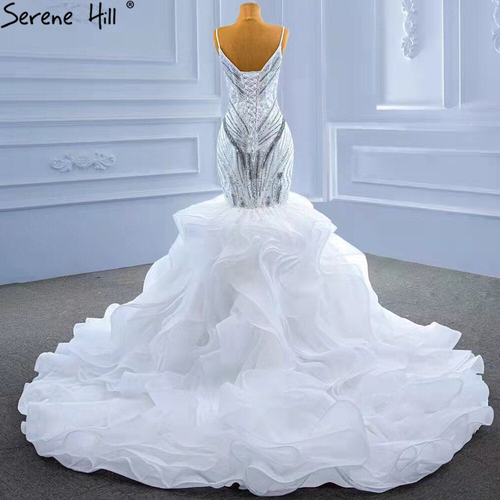 Serene Hill White Ruffles Beaded Luxury Wedding Dress 2025 - Spaghetti Straps Mermaid Gown for Elegant Bride | Perfect for Beach Weddings, Vow Renewals & Formal Events