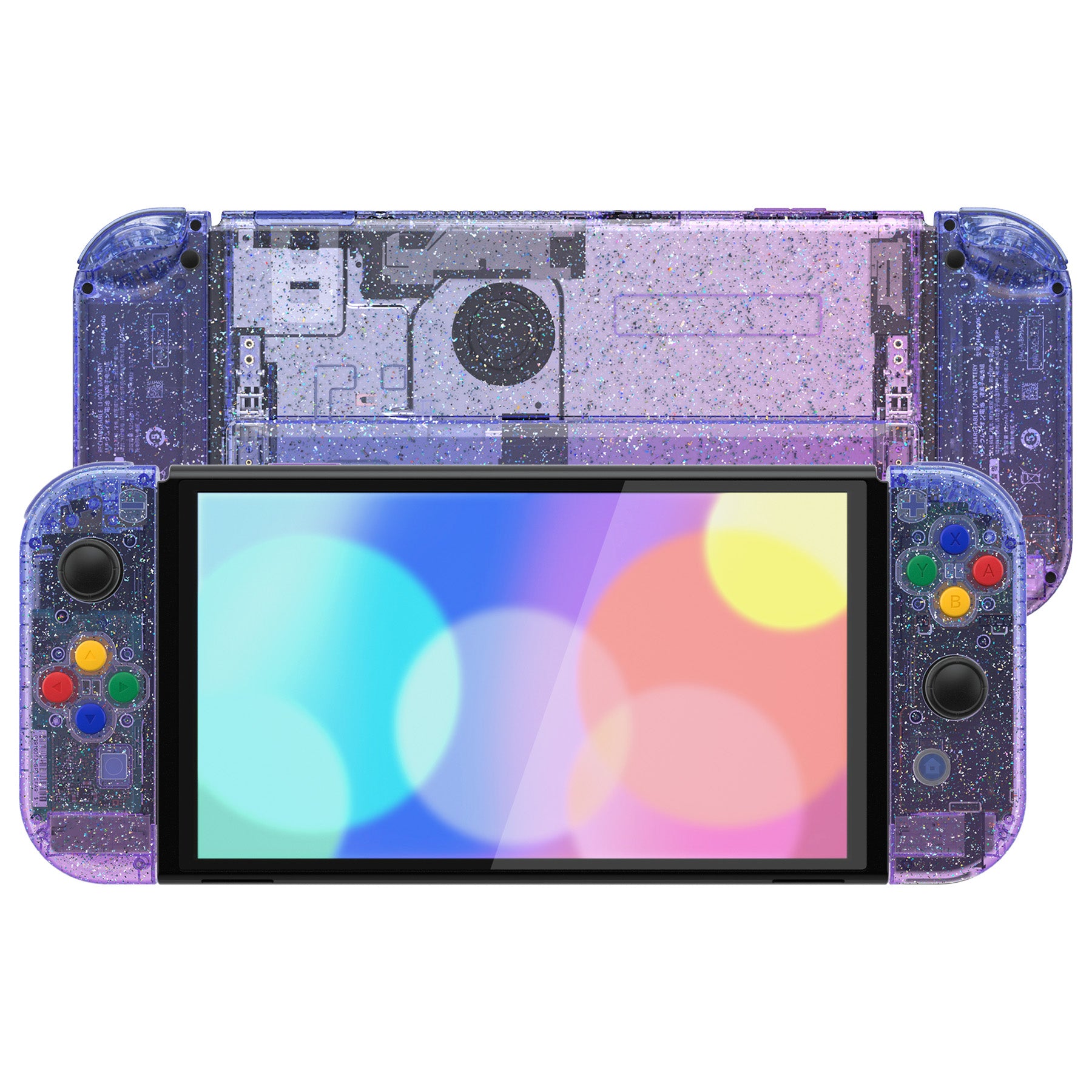 eXtremeRate Glitter Gradient Translucent Bluebell Full Shell Set for Nintendo Switch OLED - Replacement Back Plate, Kickstand, Joycon Controller Housing & Buttons | DIY Customization for Gaming Enthusiasts | Perfect for Travel, Parties & Home Entertainment