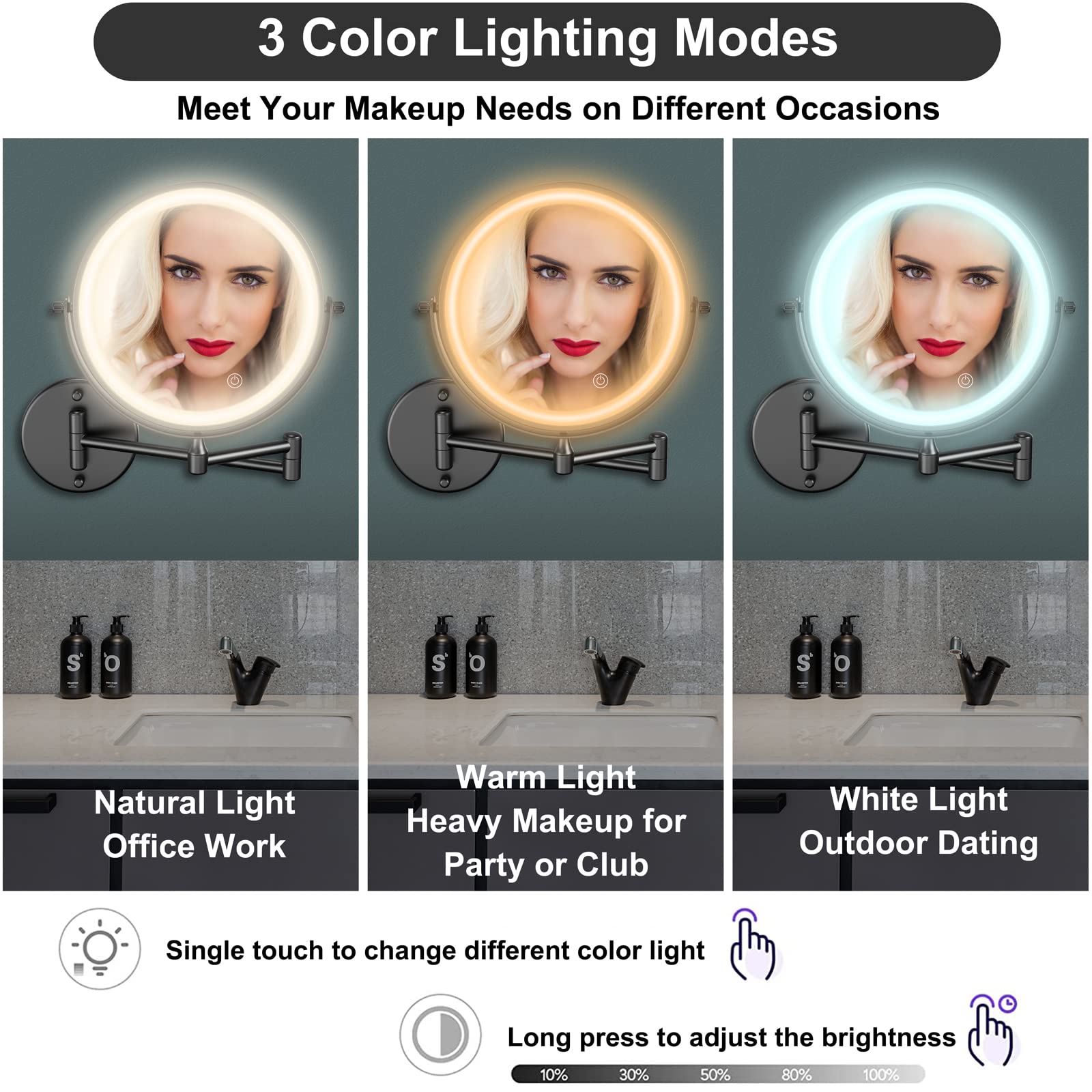 Rechargeable 8 Inch Wall Mounted LED Makeup Mirror - 1X/10X Magnification, 3 Color Lighting, Touch Dimming, 360° Rotation for Vanity & Bathroom | Perfect for Makeup Application, Skincare & Grooming