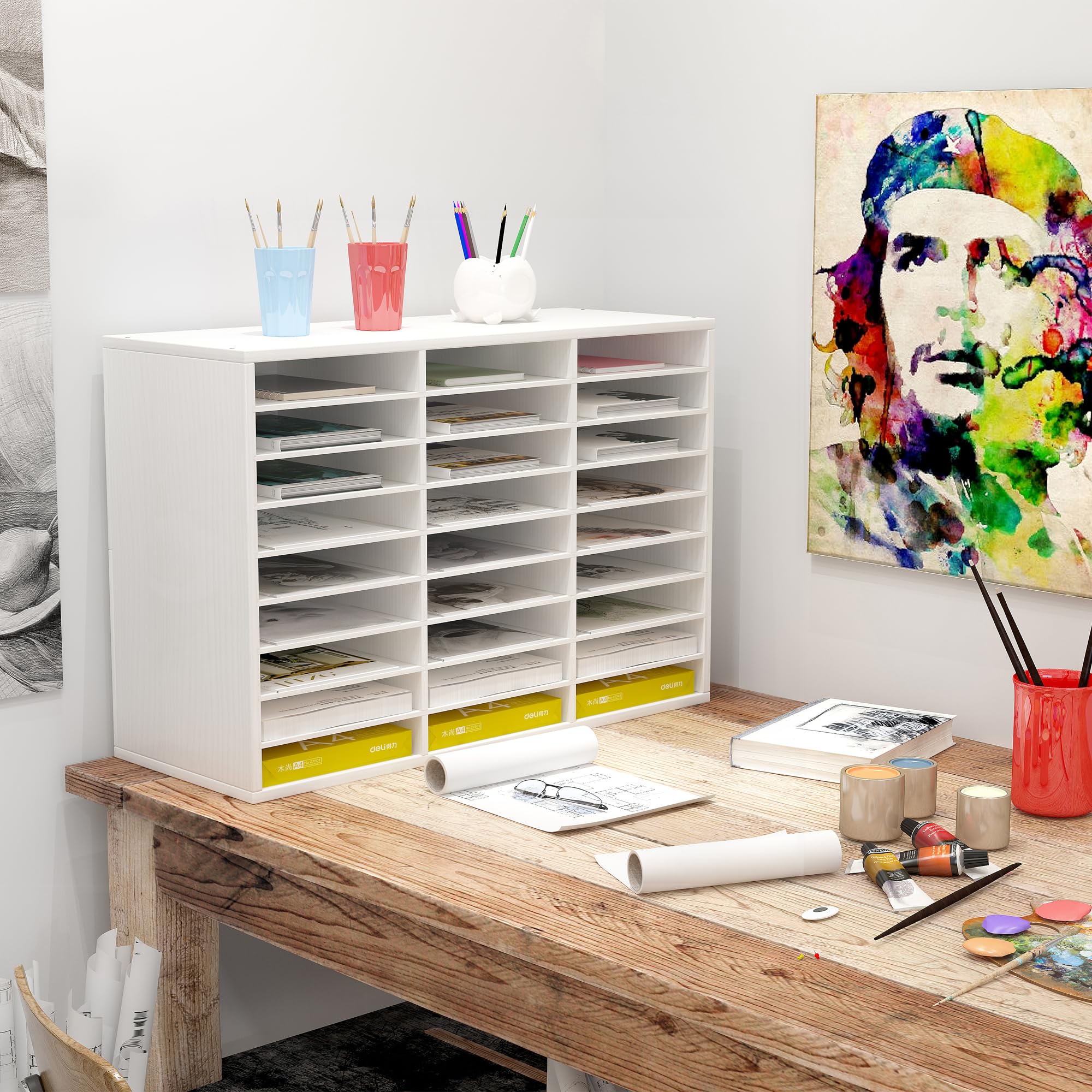 27-Slot Wooden Paper File Organizer for Desk - Large Mail Sorter & Office Supplies Organizer - Perfect for Classroom, Home & Office Workspace (White)
