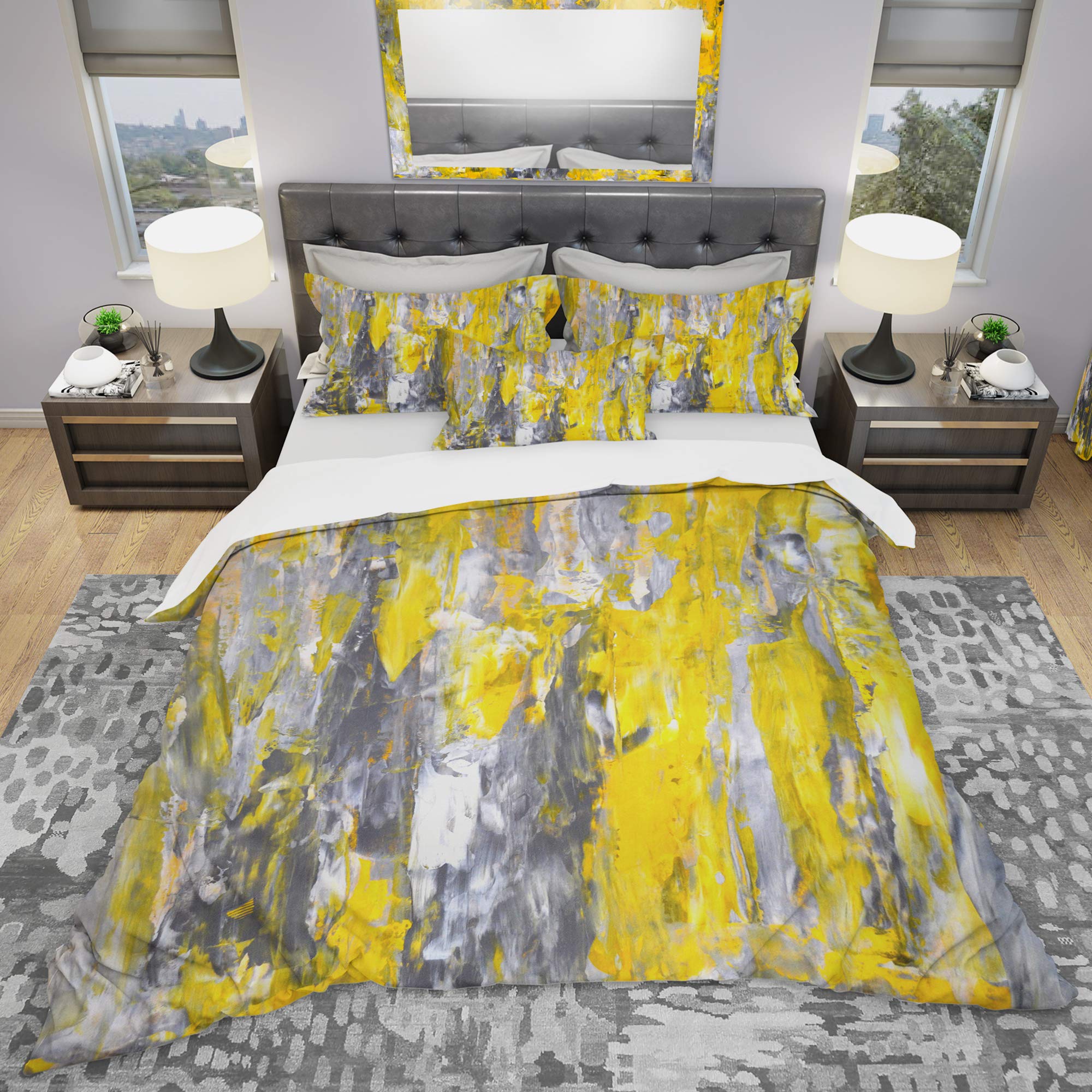 Modern Grey & Yellow Abstract Duvet Cover Set King - Cozy All-Season Bedding