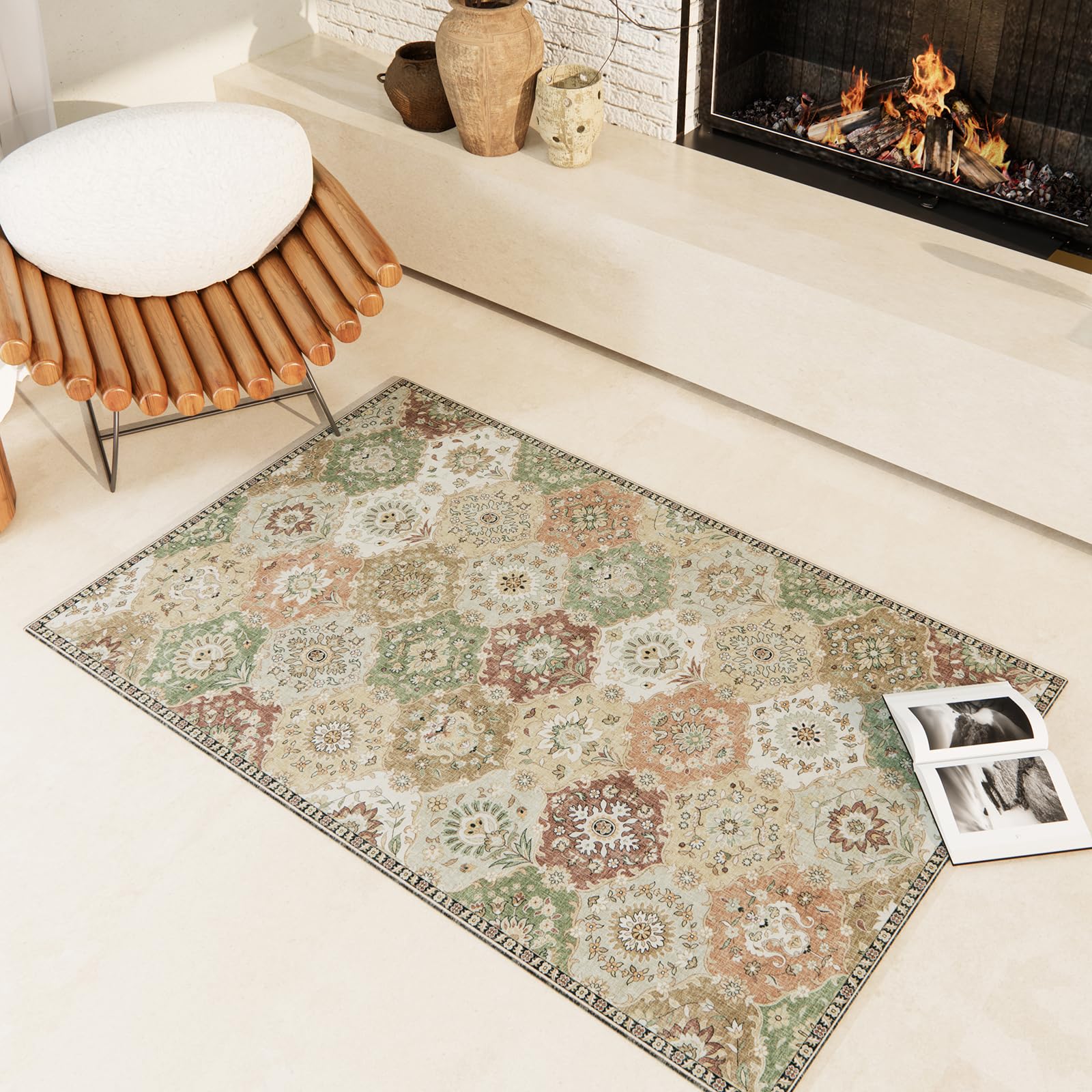 4x6 Washable Non-Slip Area Rug - Low Pile Lightweight Rug for Bedroom, Living Room, Dining Room, Nursery & Entryway - Multi/Green - Perfect for Home Decor & High Traffic Areas