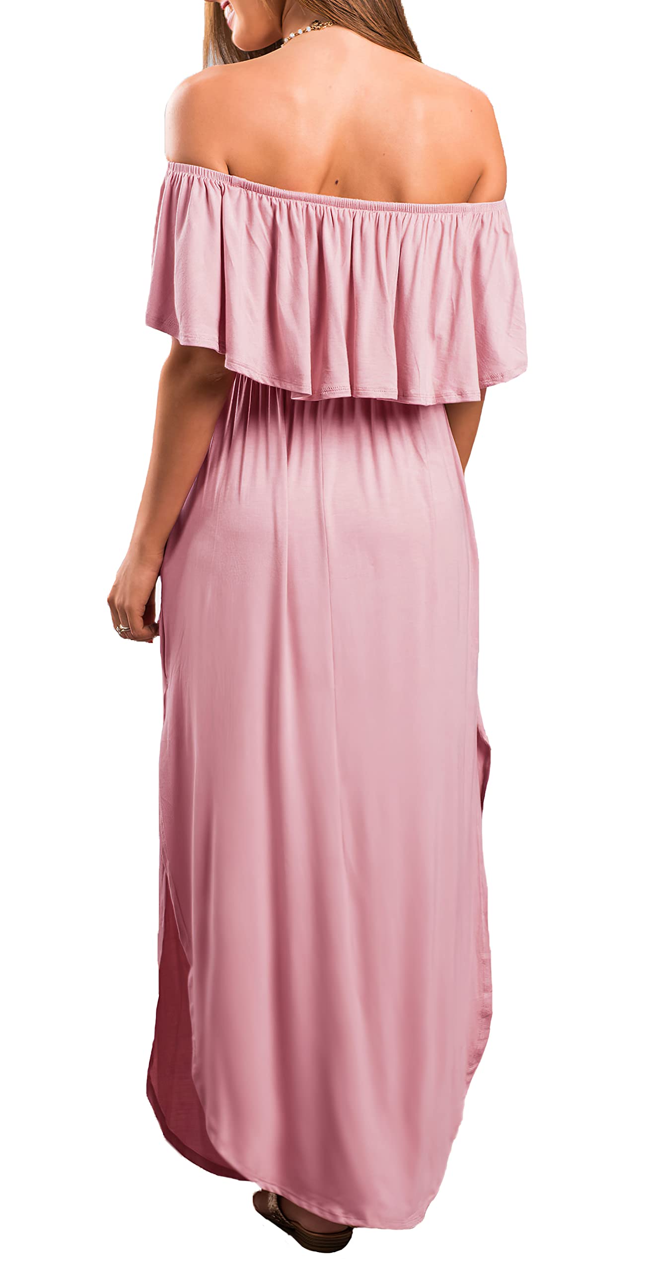 Elegant Women's Off-The-Shoulder Ruffle Party Dress with Side Slit - Flowy Beach Maxi Dress for Summer Weddings, Vacations & Night Out