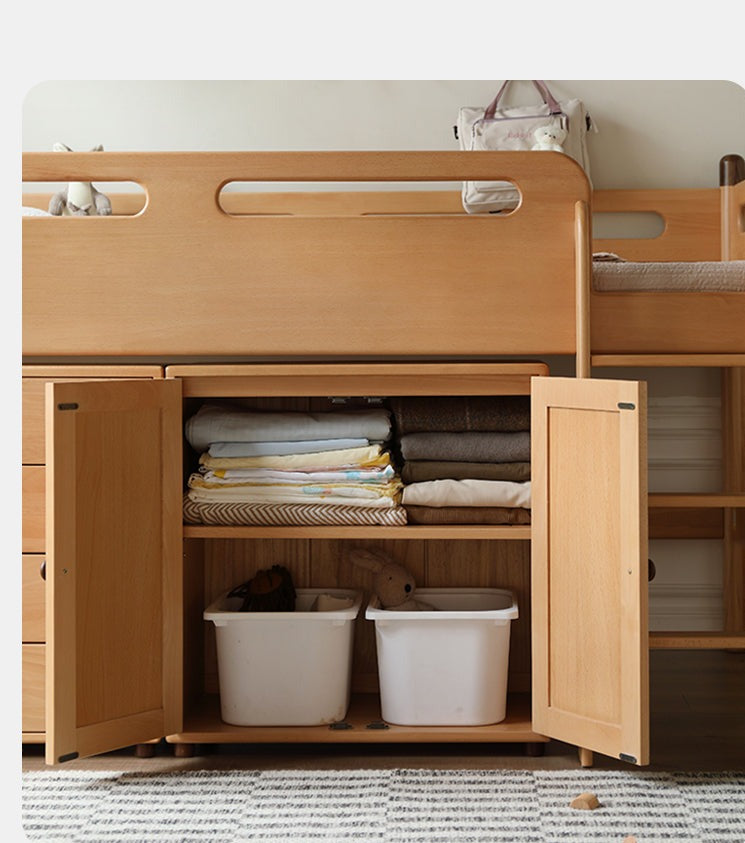 Solid Oak Wood Mid-High Bed with Slanted Ladder - Sturdy Adult Loft Bed for Small Spaces, Dorm Rooms & Modern Apartments