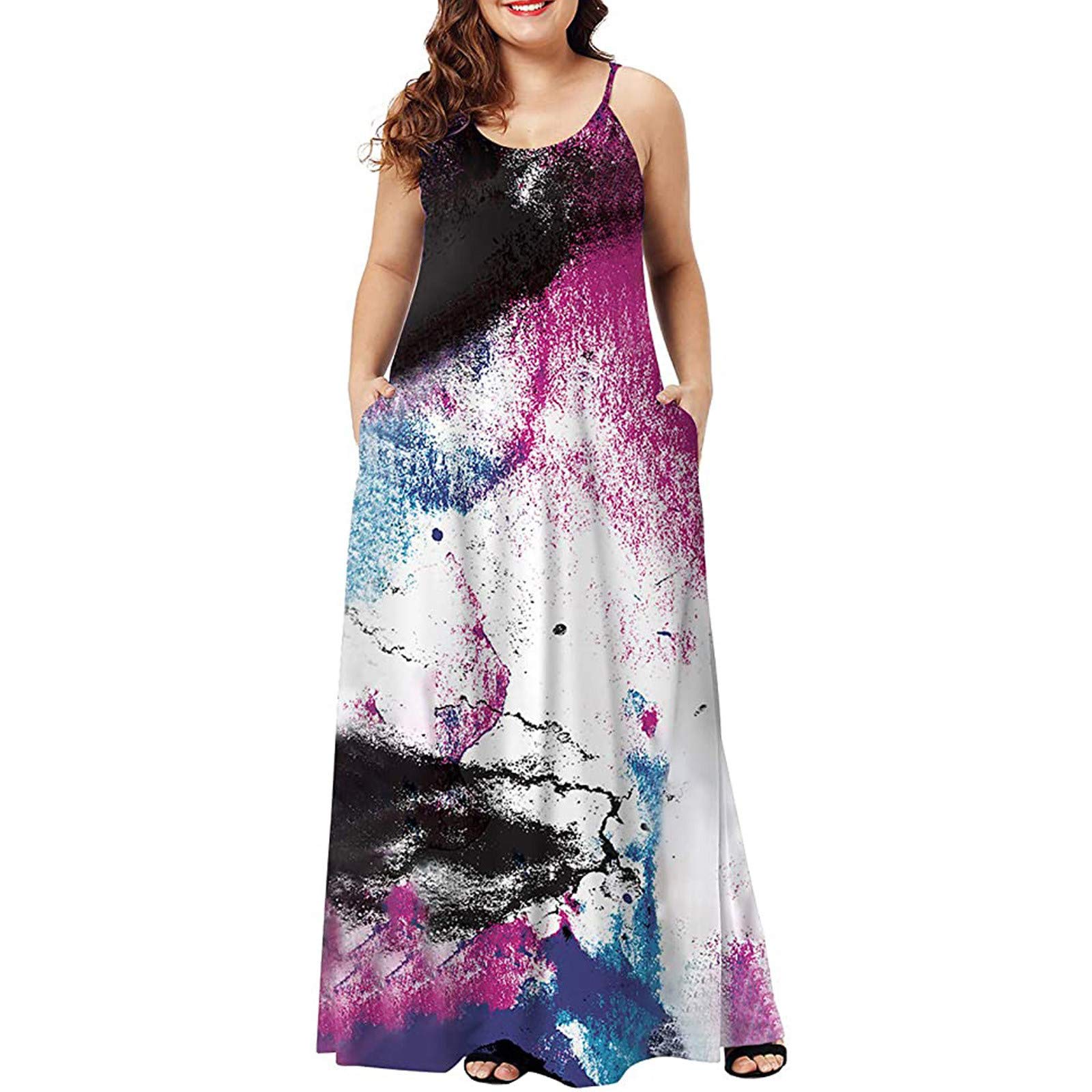 ZASUN Women's Plus Size Casual Sleeveless Maxi Dress - Flowy Summer Beach Sundress with Pockets, Fashion Print Long Dress for Vacation, Pool Party & Outdoor Activities