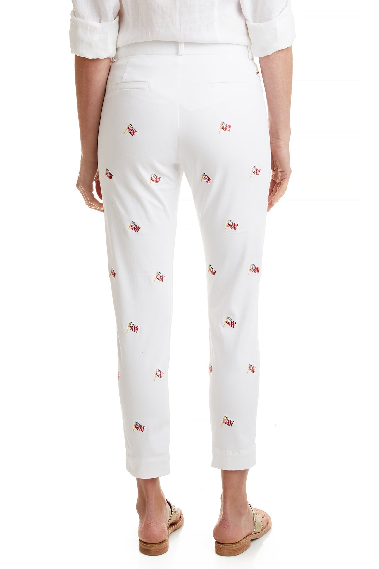 Ankle Capri Stretch Twill White Pants with USA Flag - Comfortable Casual Wear for Women, Perfect for 4th of July Celebrations & Patriotic Events