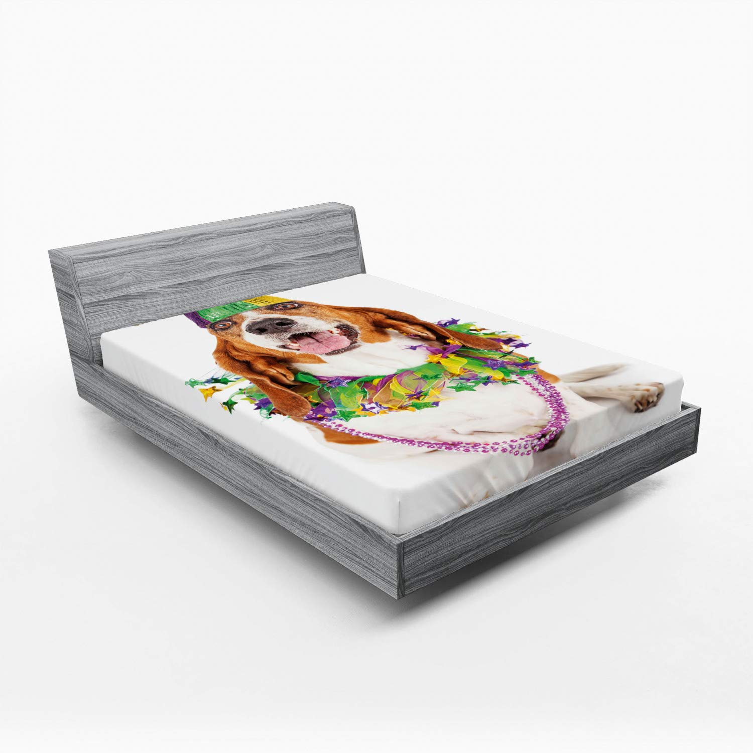 Happy Smiling Basset Hound Fitted Sheet - Queen Size for Mardi Gras & Dog Lovers