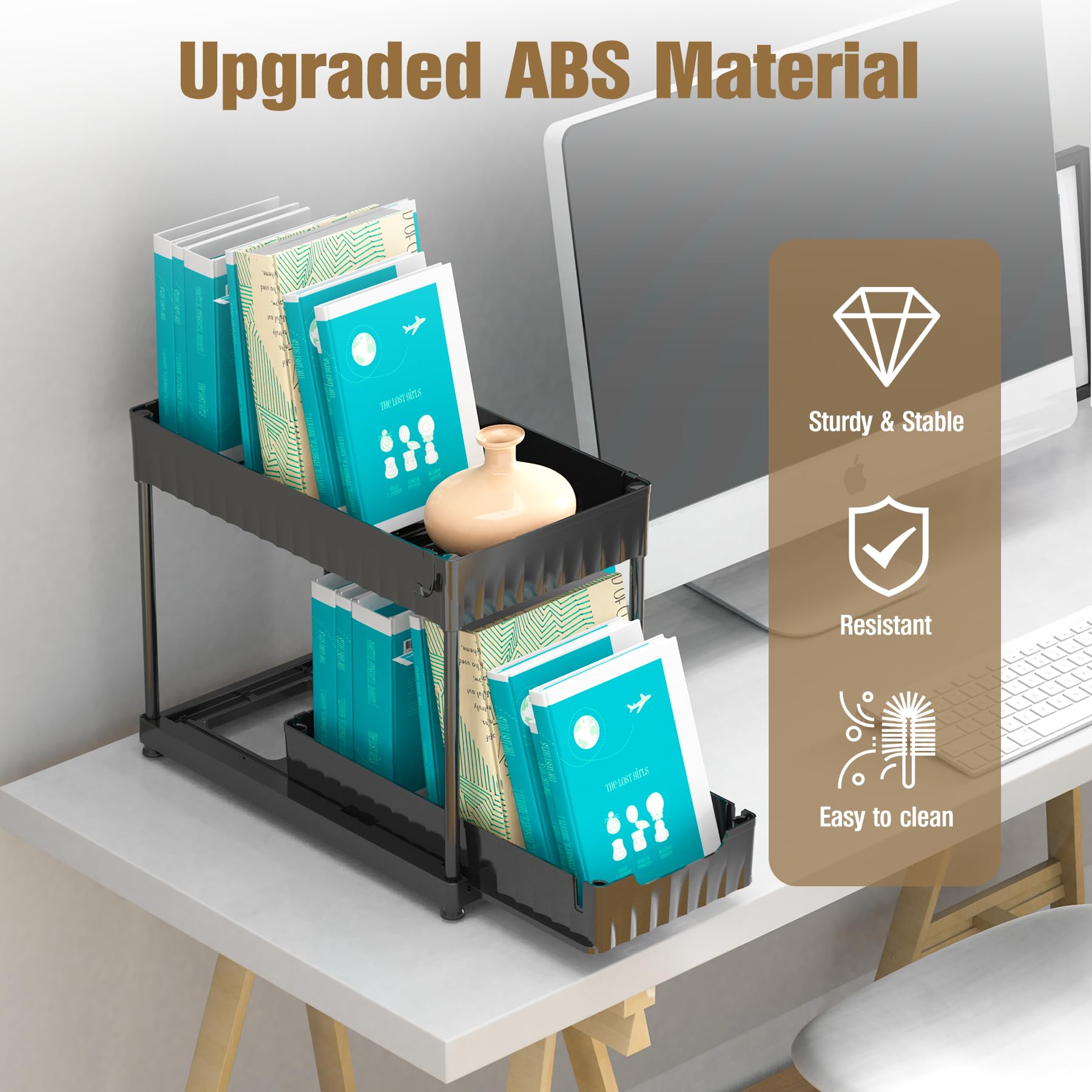2-Pack Under Sink Organizer Set - Durable ABS Material 2-Tier Sliding Kitchen & Bathroom Storage with Hanging Cups - Space-Saving Cabinet Organizer for Sponges, Soaps & Cleaning Supplies (Black) - Perfect for Small Kitchens, Bathrooms & RVs