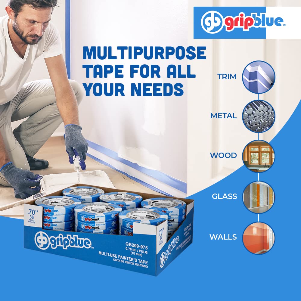Blue Painters Tape 3/4 inch Wide (36 Rolls - 0.70in x 60yds) | Residue-Free Masking Tape for Sharp Lines & Professional Painting | Perfect for Home DIY Projects, Wall Painting & Crafting