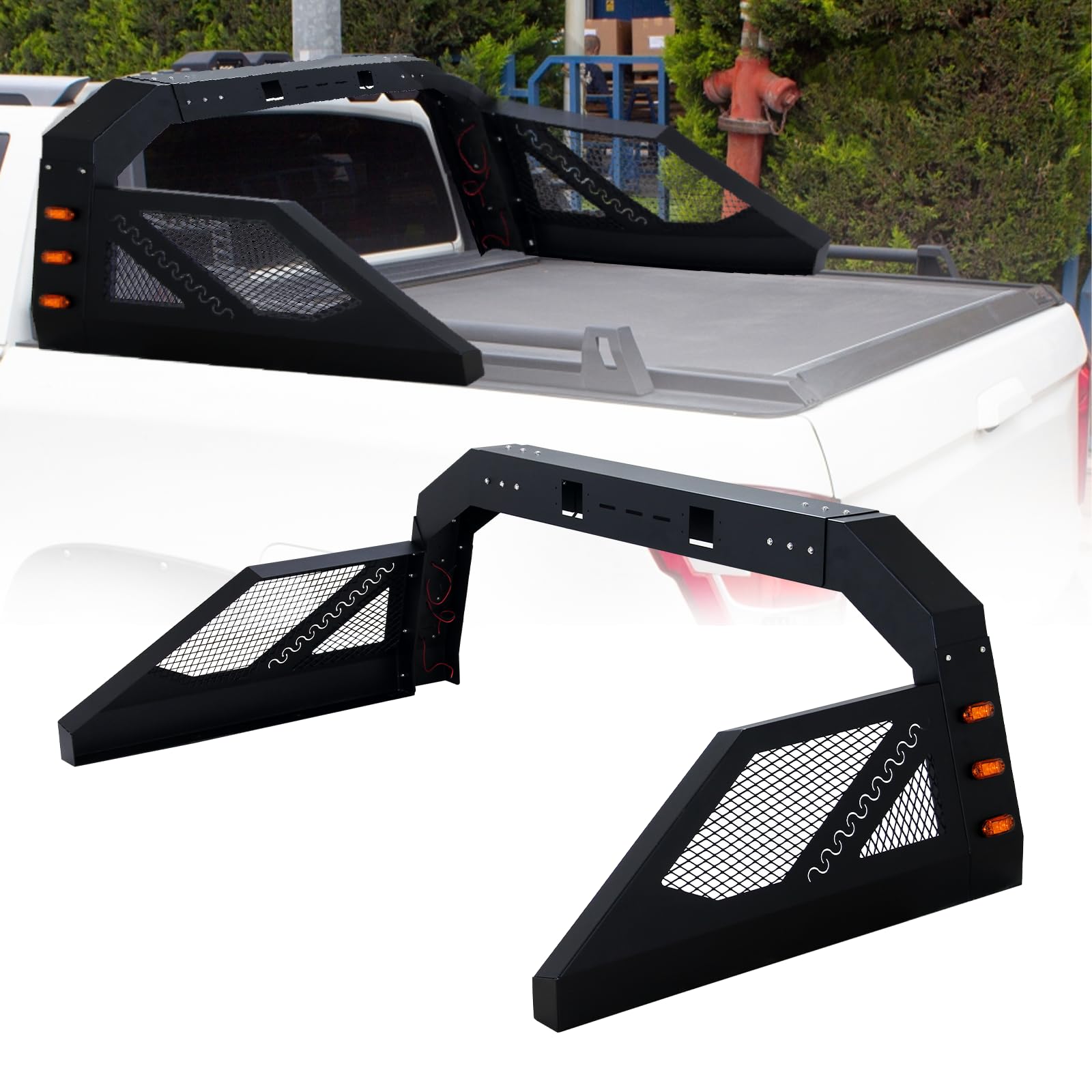 Universal Adjustable Truck Bed Chase Rack Roll Bar with 6 Amber LED Side Marker Lights - Heavy Duty Pickup Truck Accessory for Off-Road Safety & Utility - Perfect for Work Sites, Camping & Outdoor Adventures