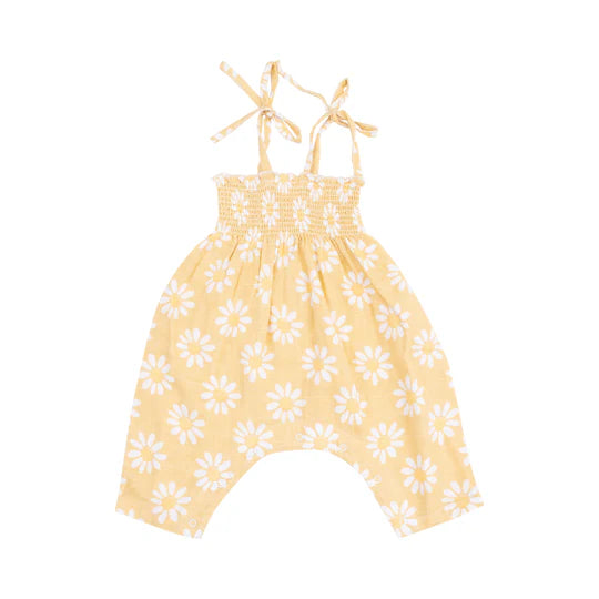 Muslin Smocked Romper for Baby Girls - Yellow Mod Daisy Print | Soft Cotton Summer Outfit for Newborn & Toddler | Perfect for Playdates, Beach Trips & Photo Shoots