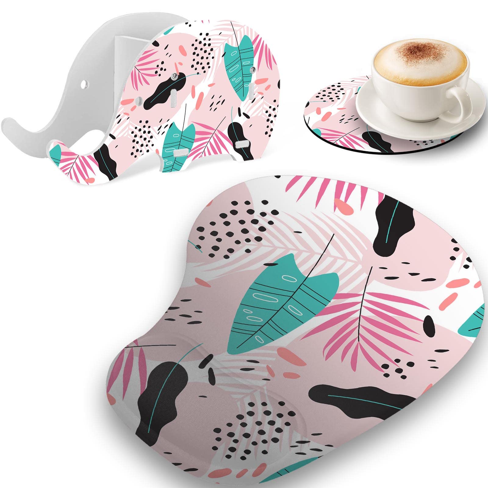 Elephant Pen Pencil Holder with Phone Stand - 3-in-1 Desk Organizer with Mouse Wrist Rest, Mouse Pad & Coaster Set - Tropical Plants Design for Office & Home Workspace Organization (Perfect for Desk Decor, Computer Accessories & Gift Ideas)