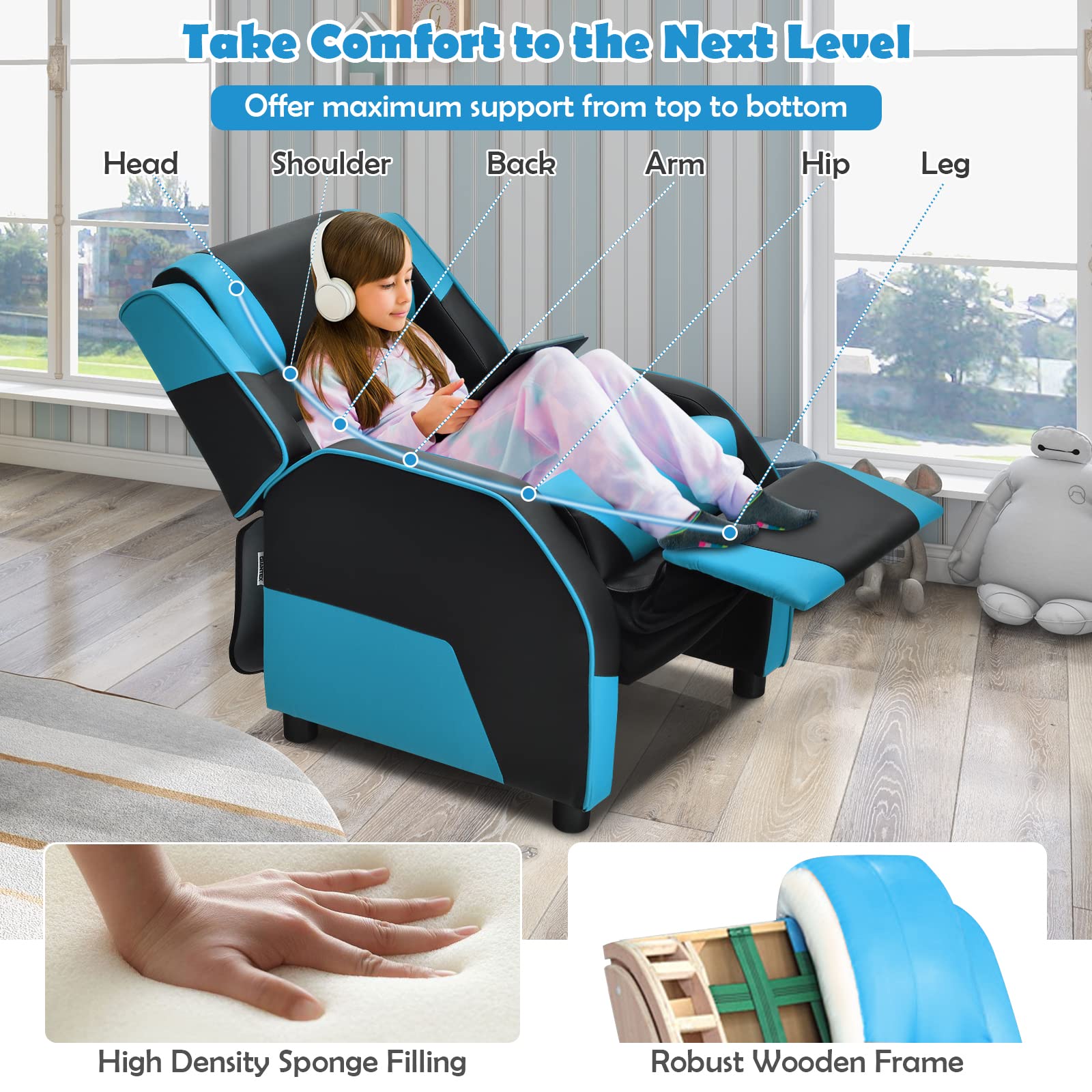 COSTWAY Kids Recliner Sofa - Adjustable Toddler Leather Recliner Chair with Footrest & Headrest, Gaming Reclining Chair for Boys & Girls Ages 3+, Perfect for Living Room, Bedroom & Playroom (Blue) - Ideal for Movie Nights, Gaming & Relaxing