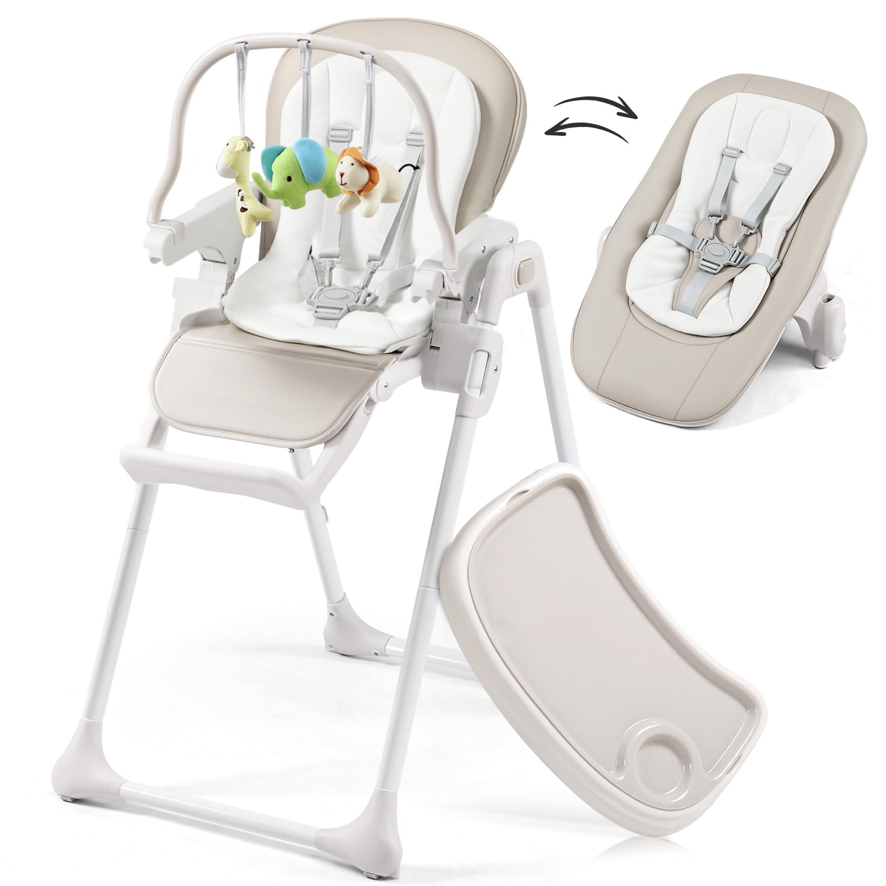 3-in-1 Convertible Baby High Chair with 6 Height & 3 Recline Adjustments - Foldable Toddler Feeding Chair with Removable Tray, 3 Detachable Toys & Built-in Wheels - Perfect for Dining, Weaning & Playtime (Taupe)