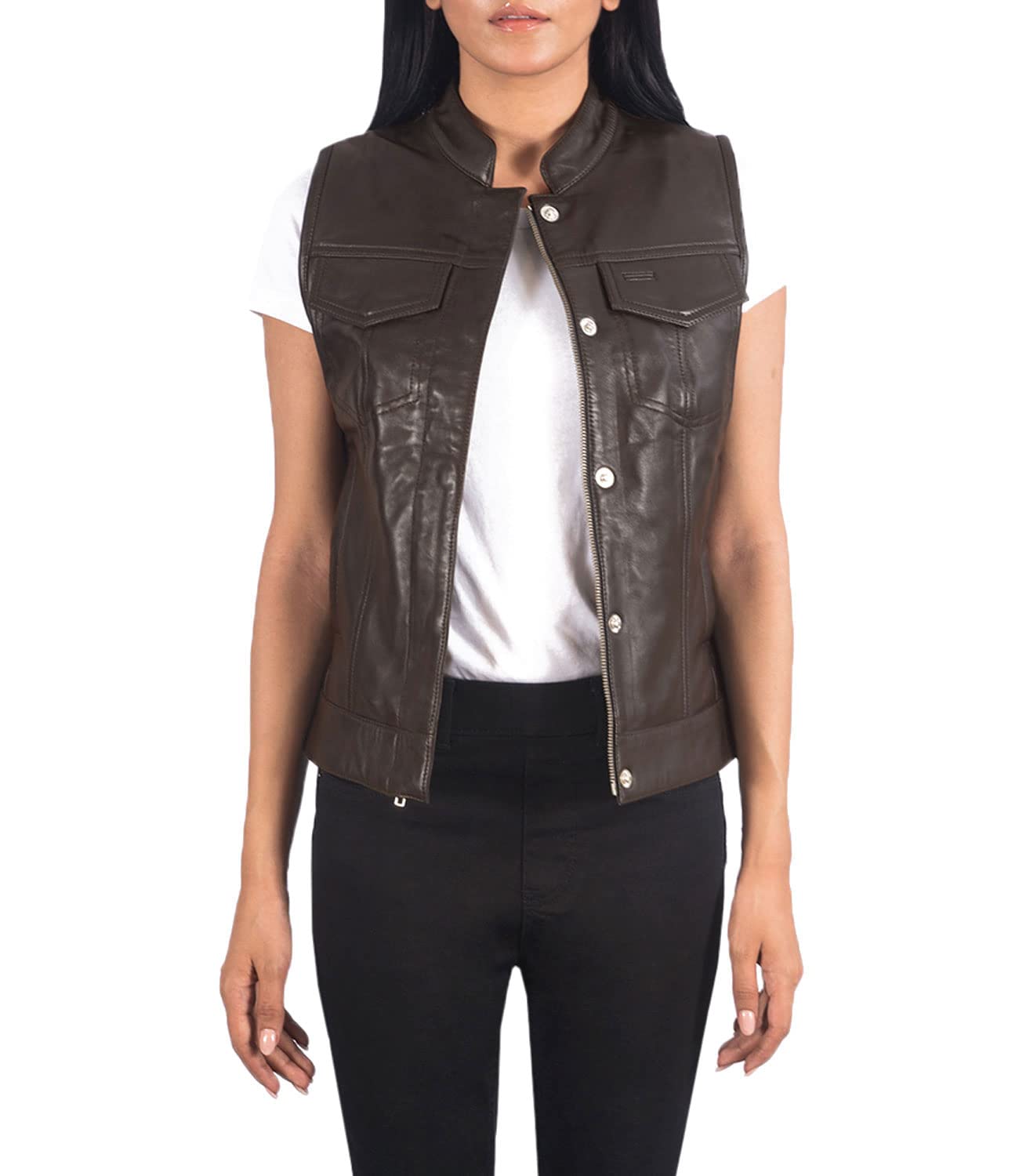 Rayne Women's Black & Brown Leather Moto Vest - Genuine Sheepskin Biker Vest for Women | Perfect for Motorcycle Riding, Casual Outfits & Fashion Statements