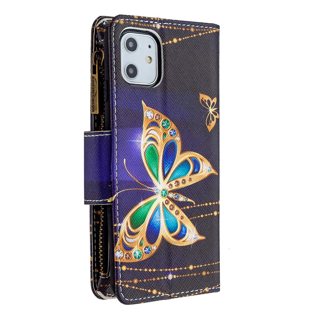 Leather Wallet Case for iPhone 11 with Card Slots, Magnetic Closure & Stand Function - Butterfly Design III | Perfect for Everyday Use, Travel & Hands-Free Viewing