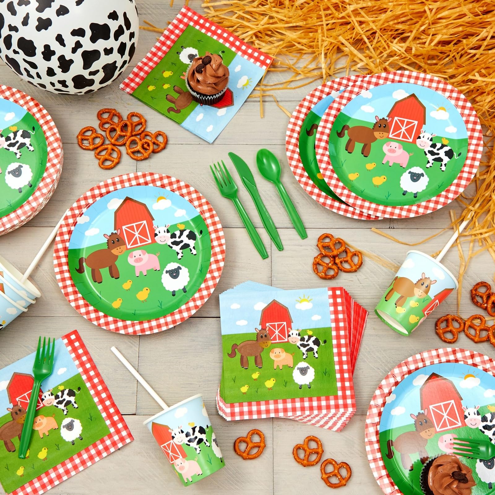 Juvale 144-Piece Farm Animal Birthday Party Supplies Set - Barnyard Themed Decorations with Paper Plates, Napkins, 9oz Cups & Plastic Cutlery for 24 Guests | Perfect for Kids Birthday Parties, Baby Showers & Farm-Themed Events