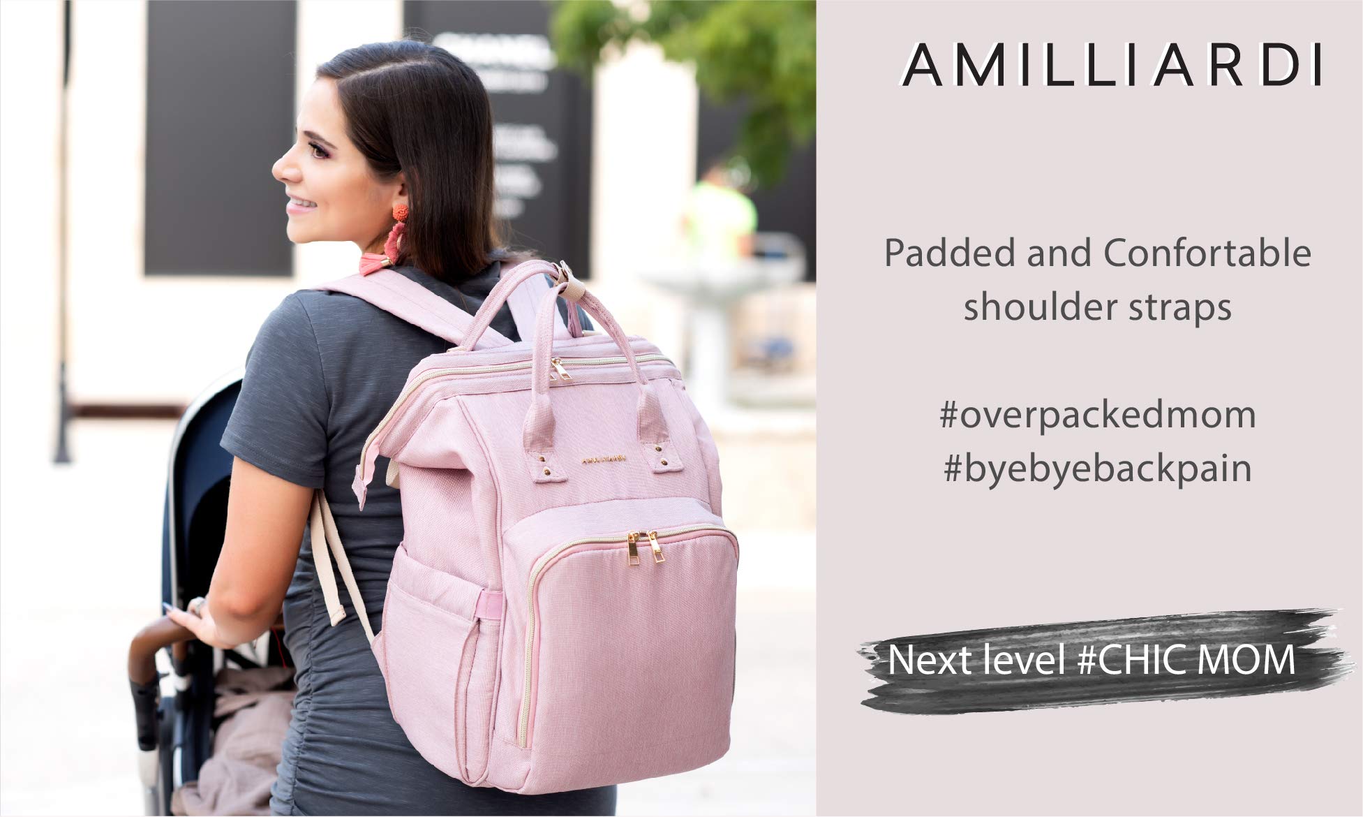 Diaper Bag Backpack with 6 Insulated Bottle Pockets & Detachable Stroller Straps - Light Pink Baby Carrier for Travel, Shopping & Outdoor Activities
