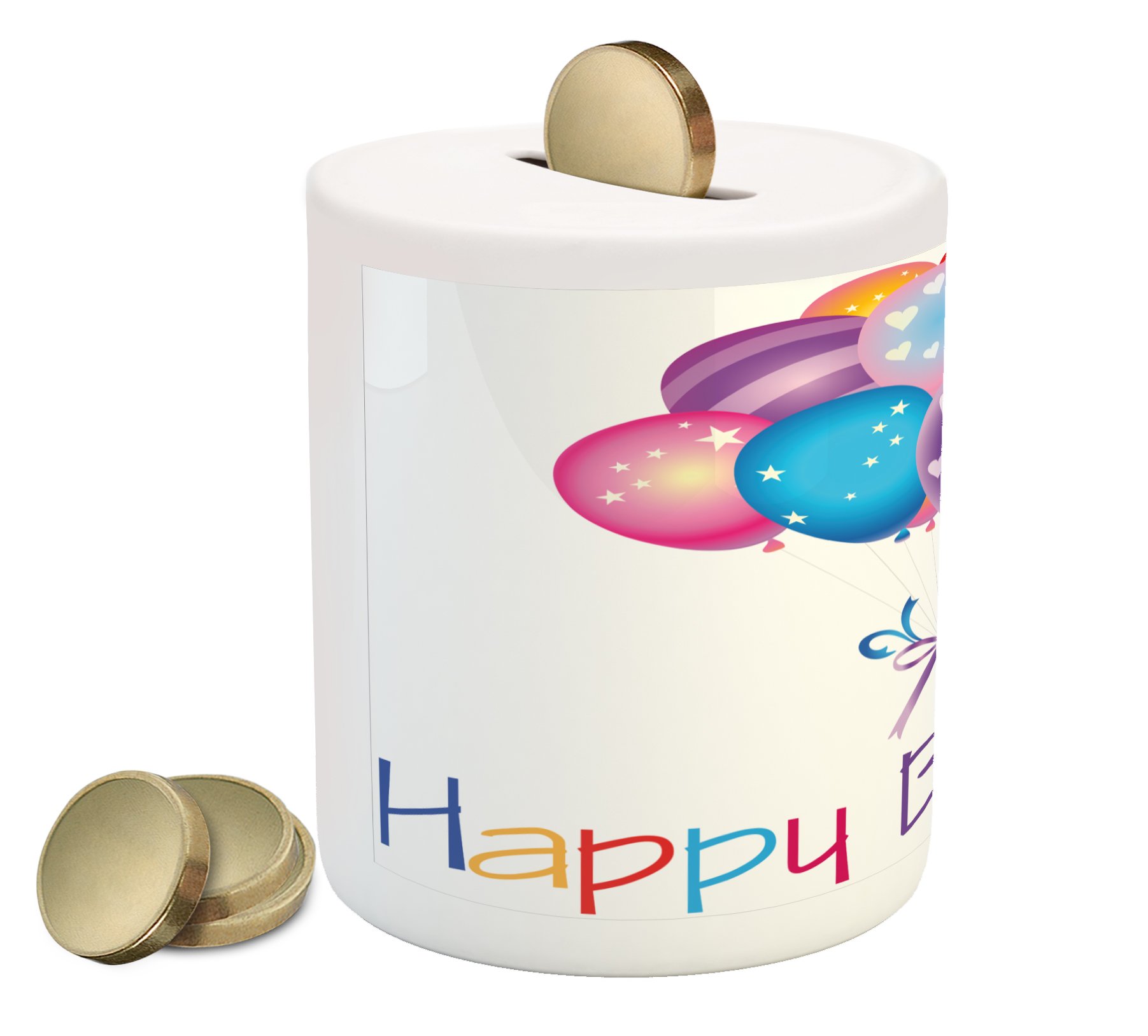 Ambesonne Ceramic Piggy Bank with Balloon Bouquet, Stars & Hearts Print - Colorful Money Box for Birthday Savings & Cash Gifts | Perfect for Kids' Parties, Baby Showers & Special Occasions