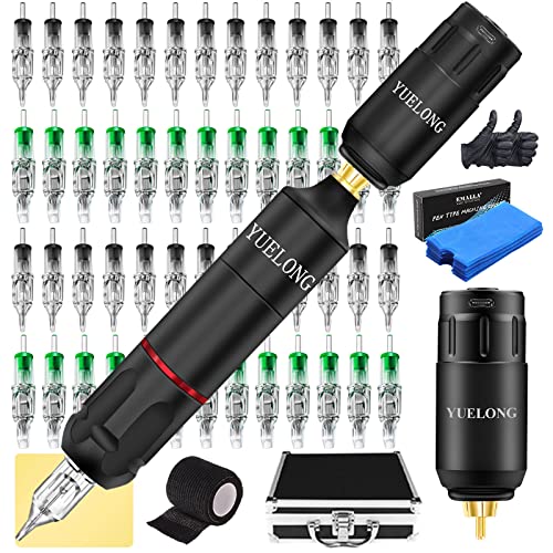 Yuelong Complete Wireless Pen Kit Rotary Machine Gun with RCA Wireless Power Supply & Accessories in Case - Perfect for Tattoo Artists & Professionals
