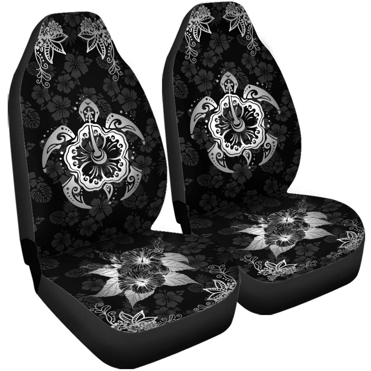 Black & White Polynesian Hawaiian Tribal Sea Turtle & Tropical Hibiscus Car Seat Covers - Universal Fit for Most Cars, SUVs & Trucks | Waterproof & Non-Slip Design for Beach Trips & Tropical Vacations