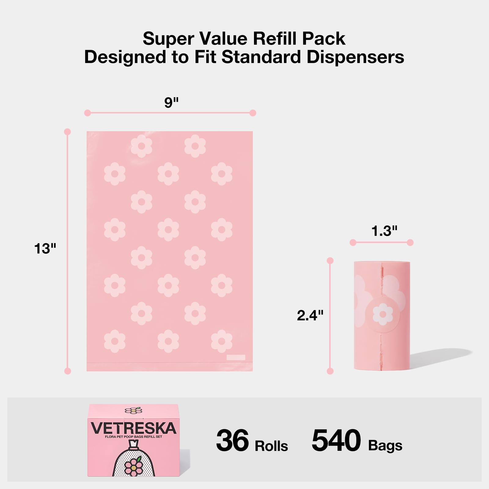 VETRESKA Lavender Scented Dog Poop Bags - 540 Count Extra Thick Leak Proof Waste Bags for Dogs & Cats | Large Biodegradable Pet Waste Bags with Refill Rolls (36 Rolls, Pink) | Perfect for Dog Walking, Park Cleanup & Litter Box Use