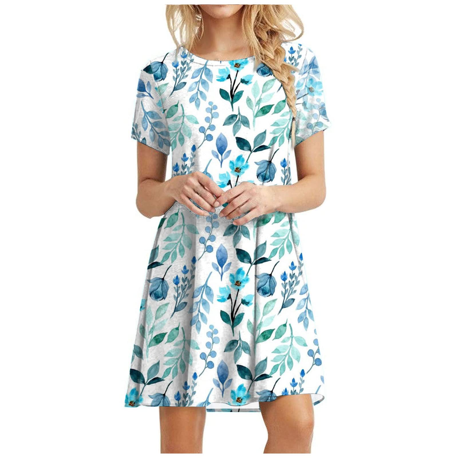 Women's Floral Printed Short Sleeve Crewneck T-Shirt Dress - Spring Summer Casual Sundress, Beach Wear, Vacation Outfit, Comfy Everyday Dress