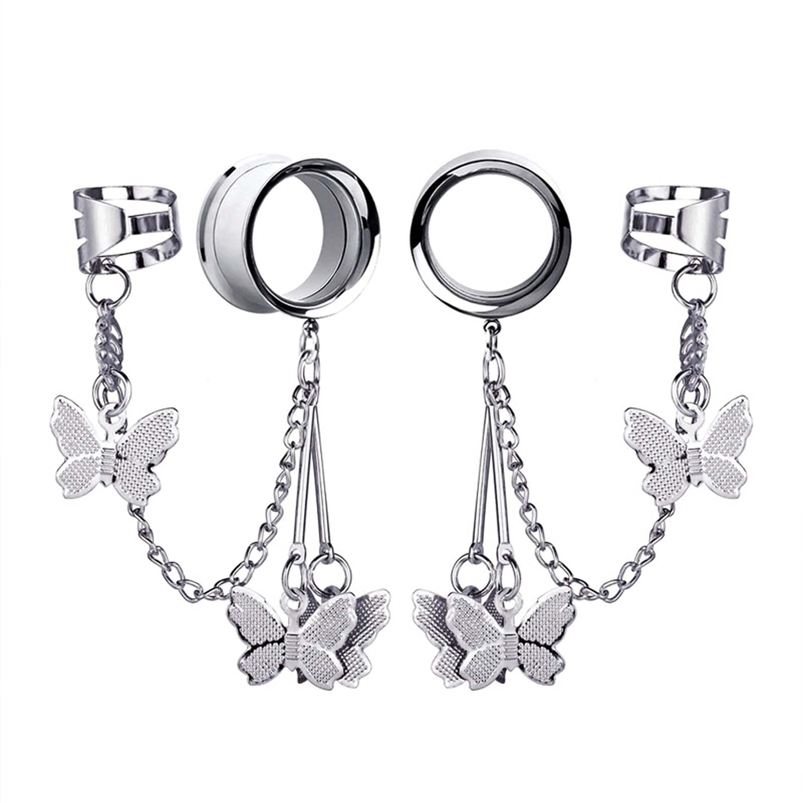 1 Pair Hip-Hop Ear Tunnels Plugs with Long Chain & Ear Cuff - Cool Bone Clip Earrings for Women - Trendy Party Jewelry - Perfect for Ear Piercing & Night Out Accessories