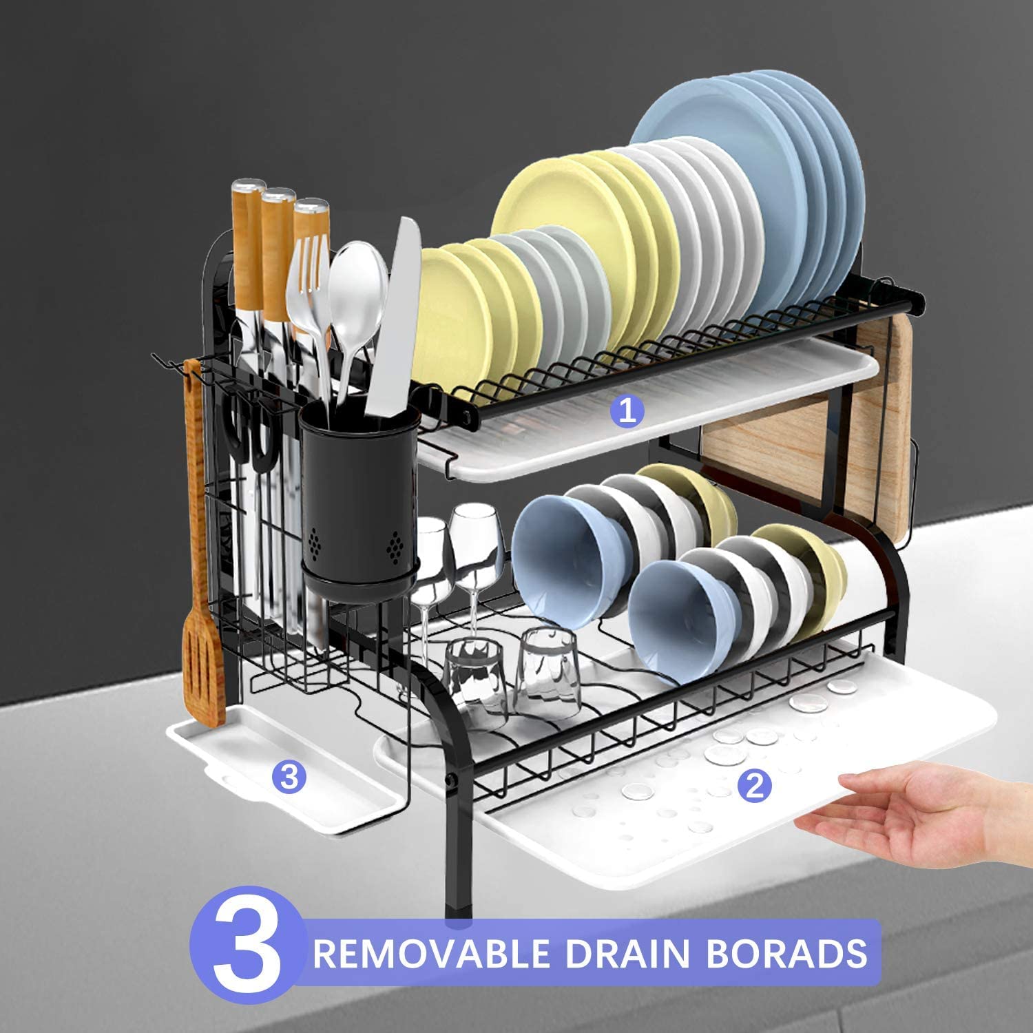 2-Tier Stainless Steel Dish Drying Rack with Drainboard & Cup Holder - Space Saving Kitchen Counter Organizer for Plates, Bowls & Utensils | Perfect for Small Kitchens, Apartments & RVs