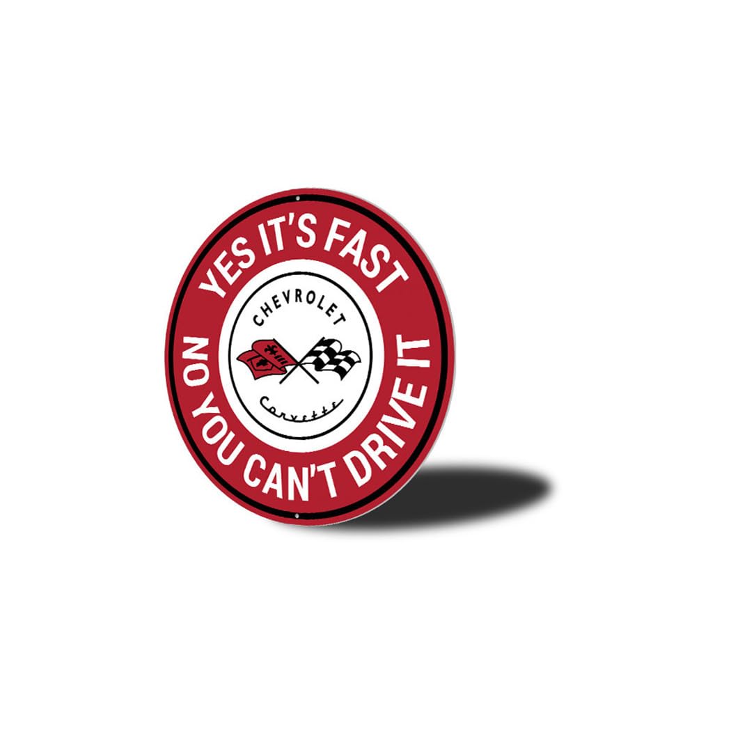 Chevy Corvette 'Yes It's Fast' Aluminum Garage Sign - 12 Inch Round Car Decor for Man Cave, Auto Shop & Racing Enthusiasts
