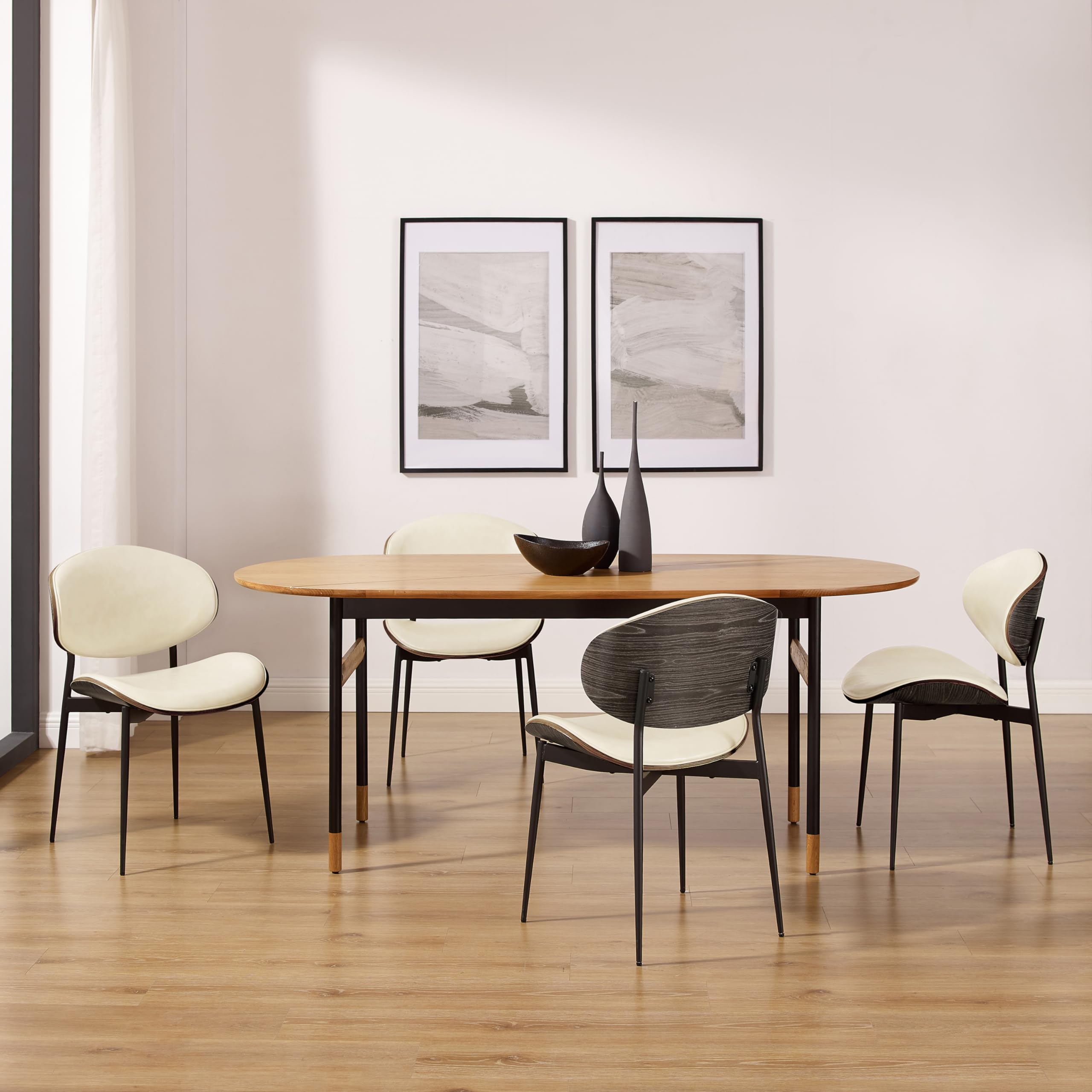 Art Leon Mid Century Modern Dining Chairs - Set of 2 Black Oak Bentwood Chairs with Off White Faux Leather Upholstery - Perfect for Kitchen, Dining Room & Bedroom Accent Seating