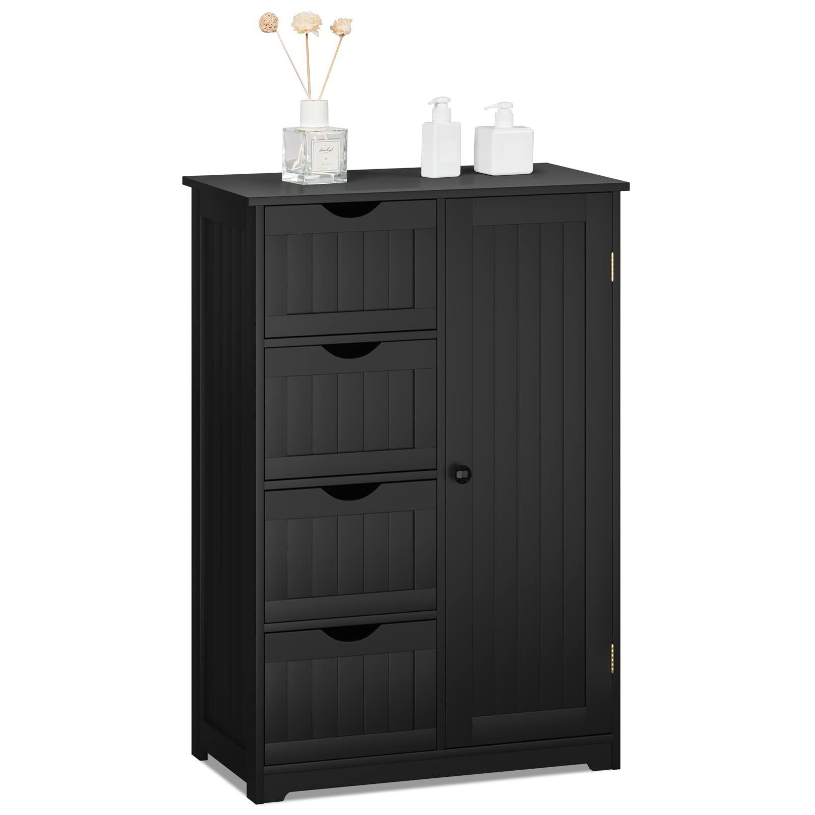 COSTWAY Wooden Bathroom Storage Cabinet with 4 Deep Drawers & Adjustable Shelf - Modern Floor Organizer for Bathroom, Living Room, Kitchen & Entryway (Black) | Perfect for Small Space Organization, Bath Essentials Storage & Home Decor