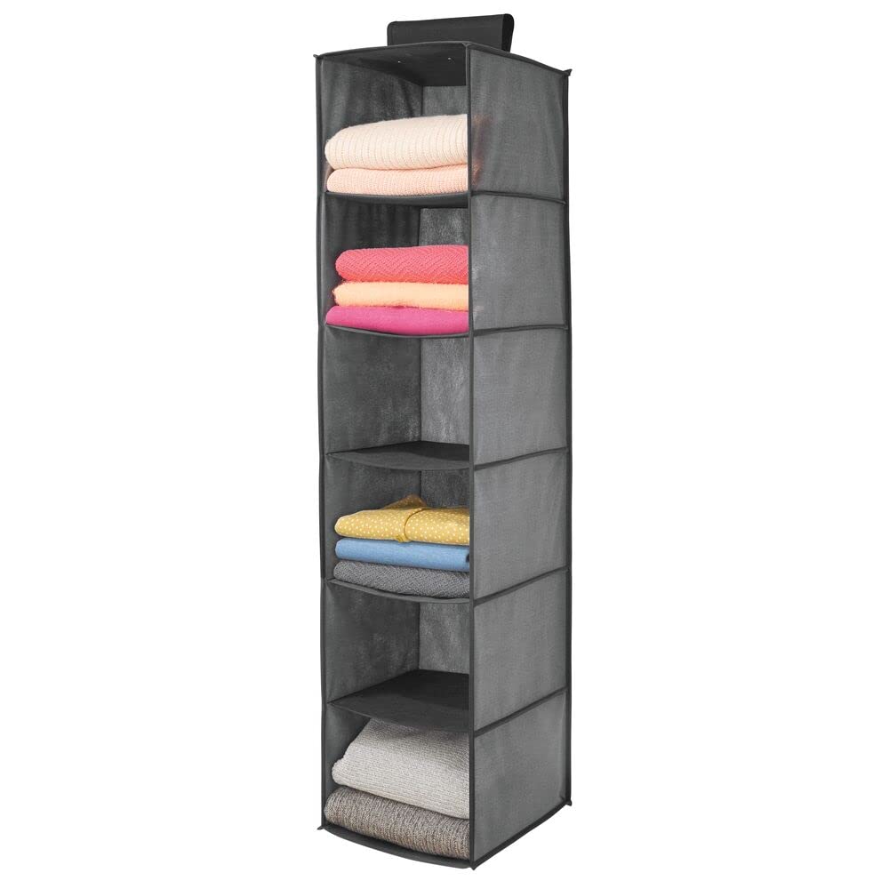 mDesign 6-Shelf Fabric Closet Organizer - Soft Hanging Storage for Clothes, Leggings, Lingerie & T-Shirts - Textured Print with Solid Trim - Charcoal Gray/Black - Perfect for Bedroom, Closet & Small Space Organization