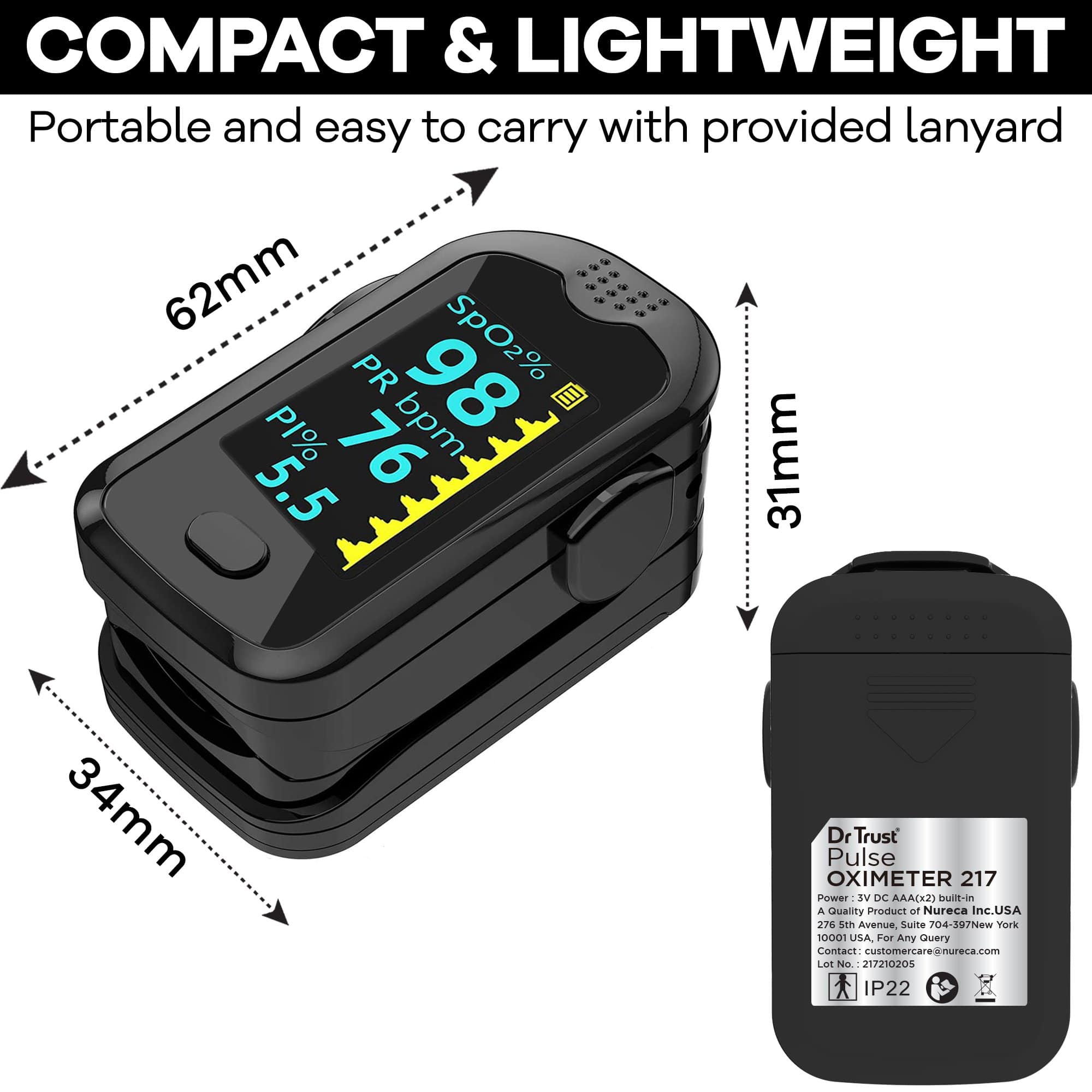 Dr Trust USA Pulse Oximeter 217 (Black) - Fingertip Oxygen Monitor with Heart Rate & SpO2 Measurement - for Home Use, Sports, Travel & Health Monitoring