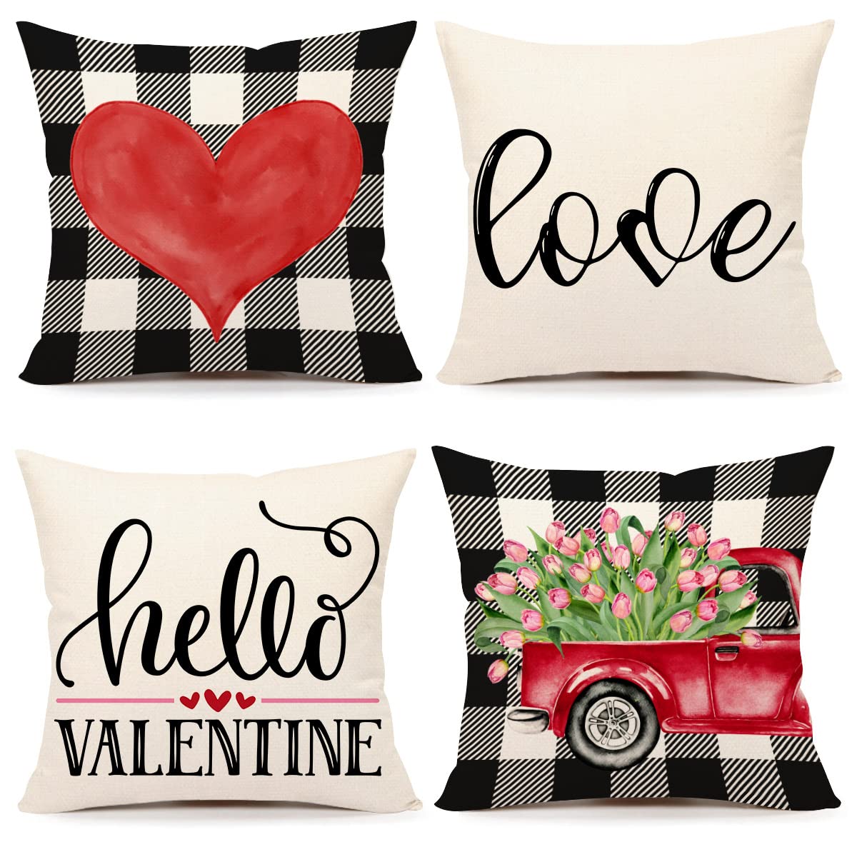 4TH Emotion Valentine's Day Pillow Covers 18x18 Inch Set of 4 - Farmhouse Decor Buffalo Check with Red Love & Tulips Design - Holiday Home Decor Throw Pillow Cases for Couch, Bedroom, Living Room Decorations