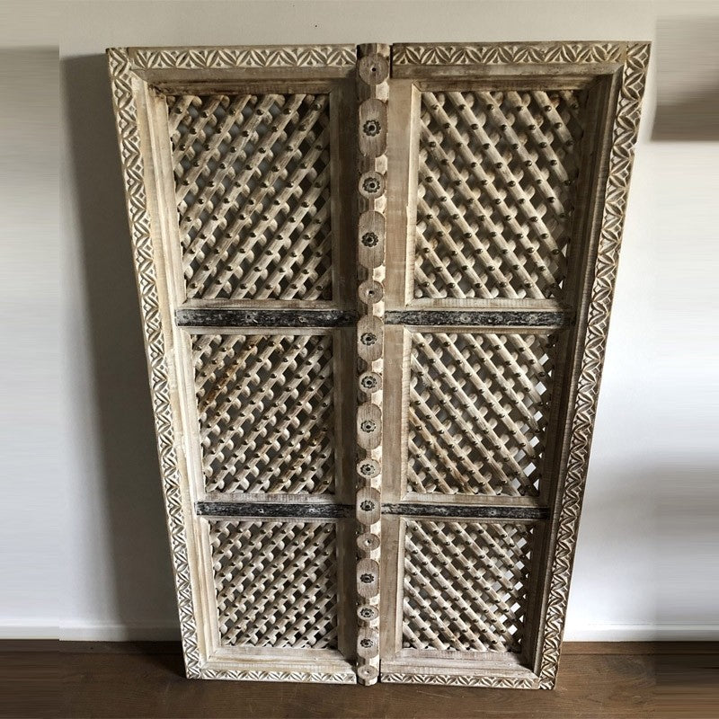 Hand Carved Indian Solid Wood Jali Doors Set - White 127cm (50