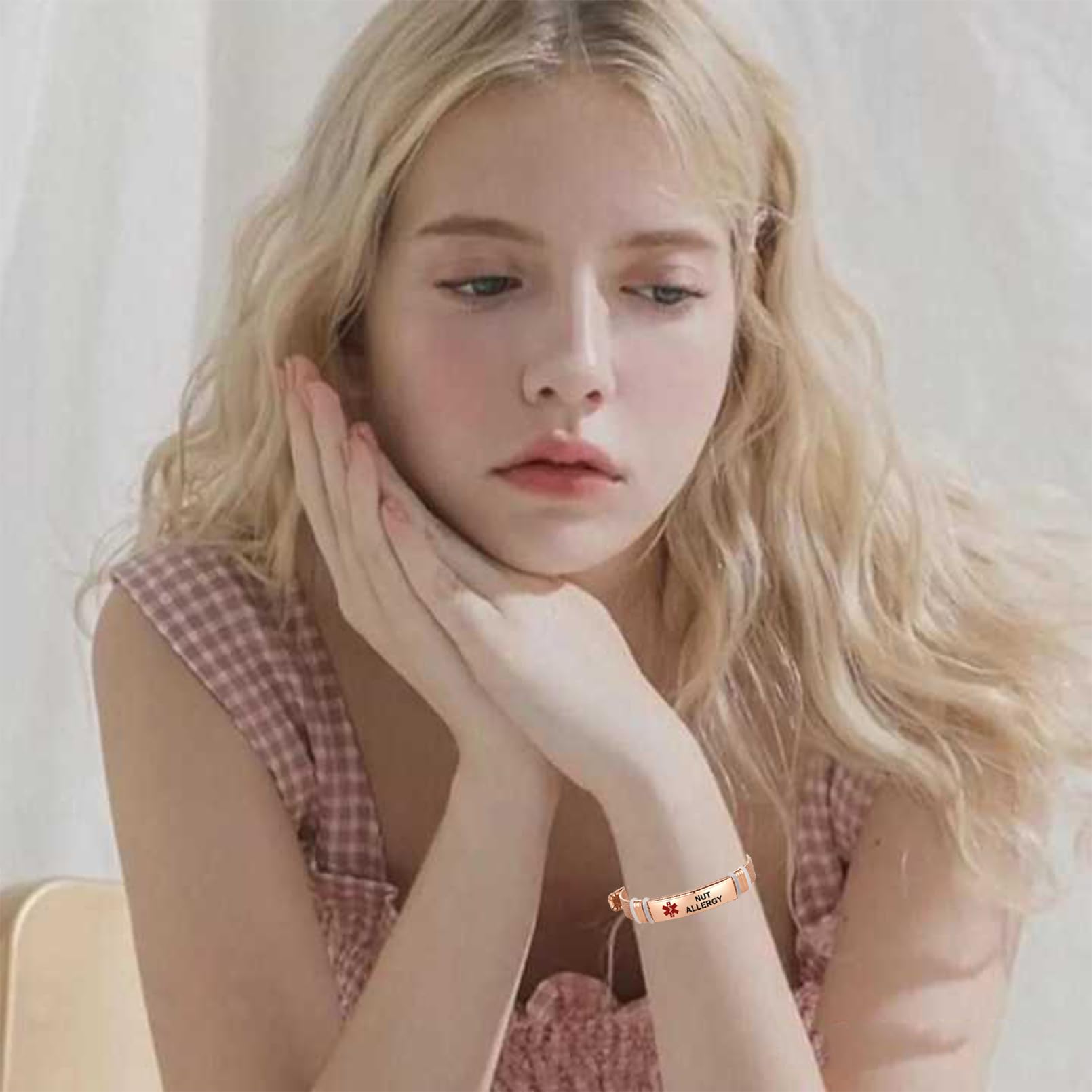 Rose Gold Red Medical Alert ID Bracelet for Women & Men - Laser Engraved Stainless Steel Adjustable Emergency Wristband - Perfect for Allergies, Diabetes & Heart Conditions